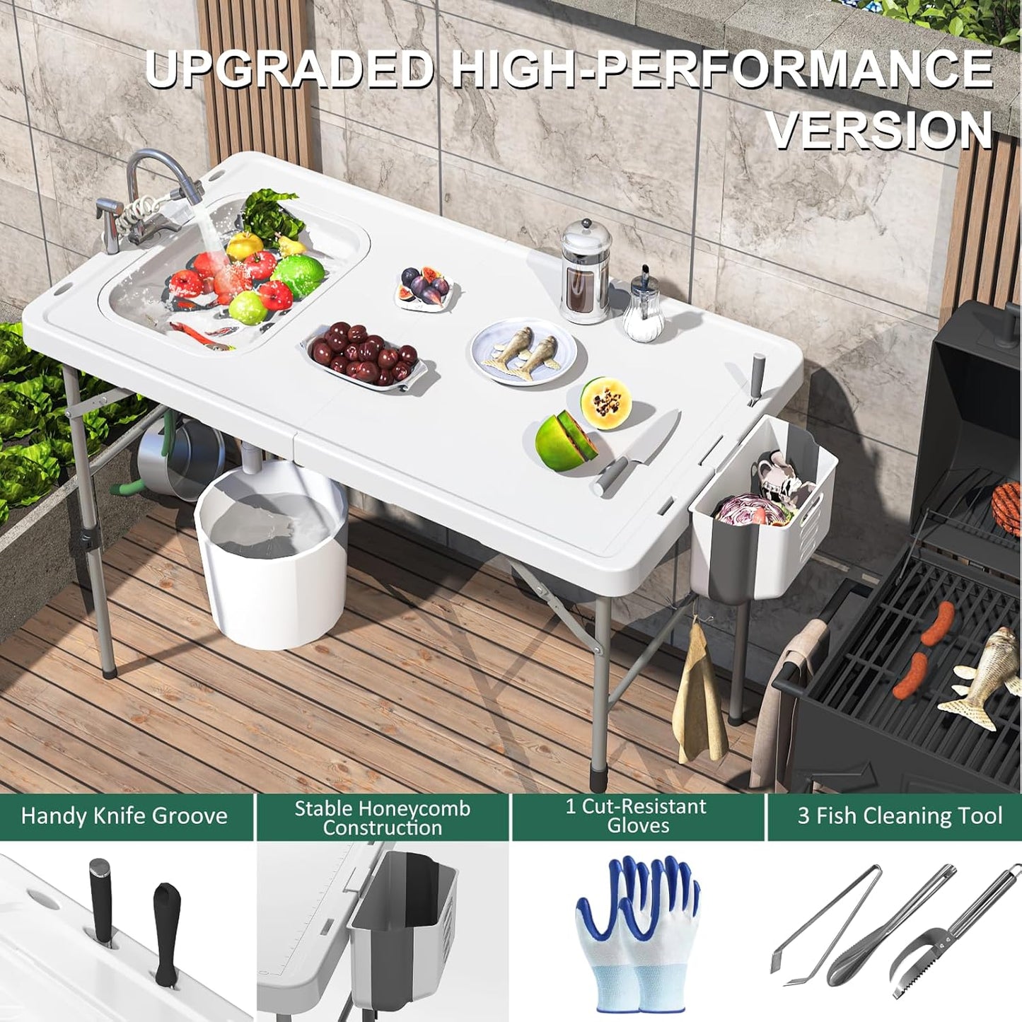 Folding Fish Cleaning Table with Sink, 50"x27" Bi-Folding Portable Camping Sink Station - Image 4