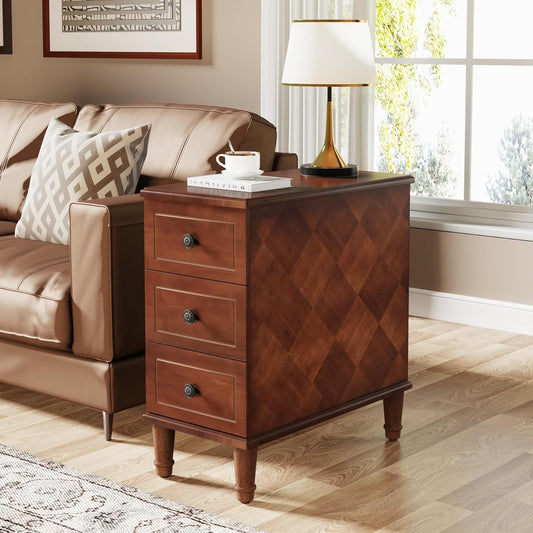 Solid Wood End Table, Fully Assembled Narrow Side Table with Drawers - Brown - Image 1