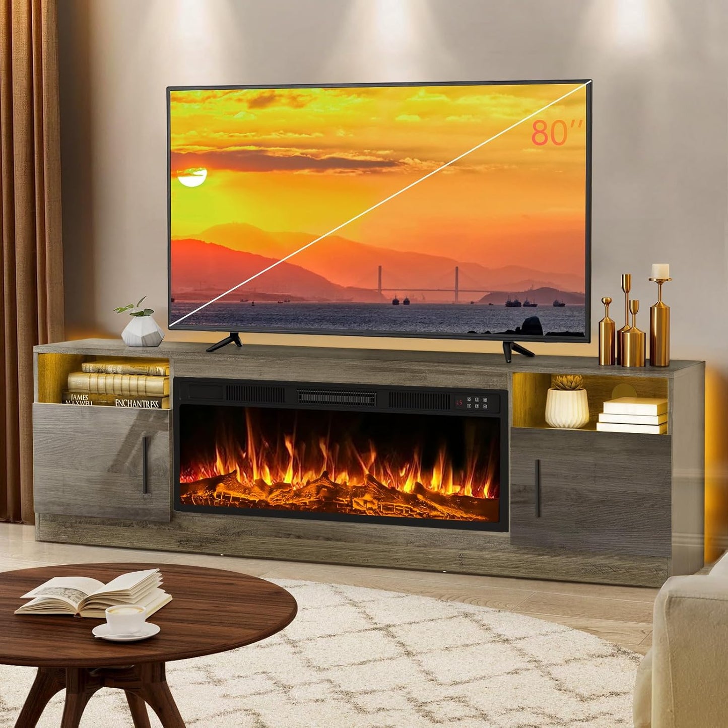 70" Fireplace TV Stand with Fireplace, fits TVs up to 80"- Grey - Image 1