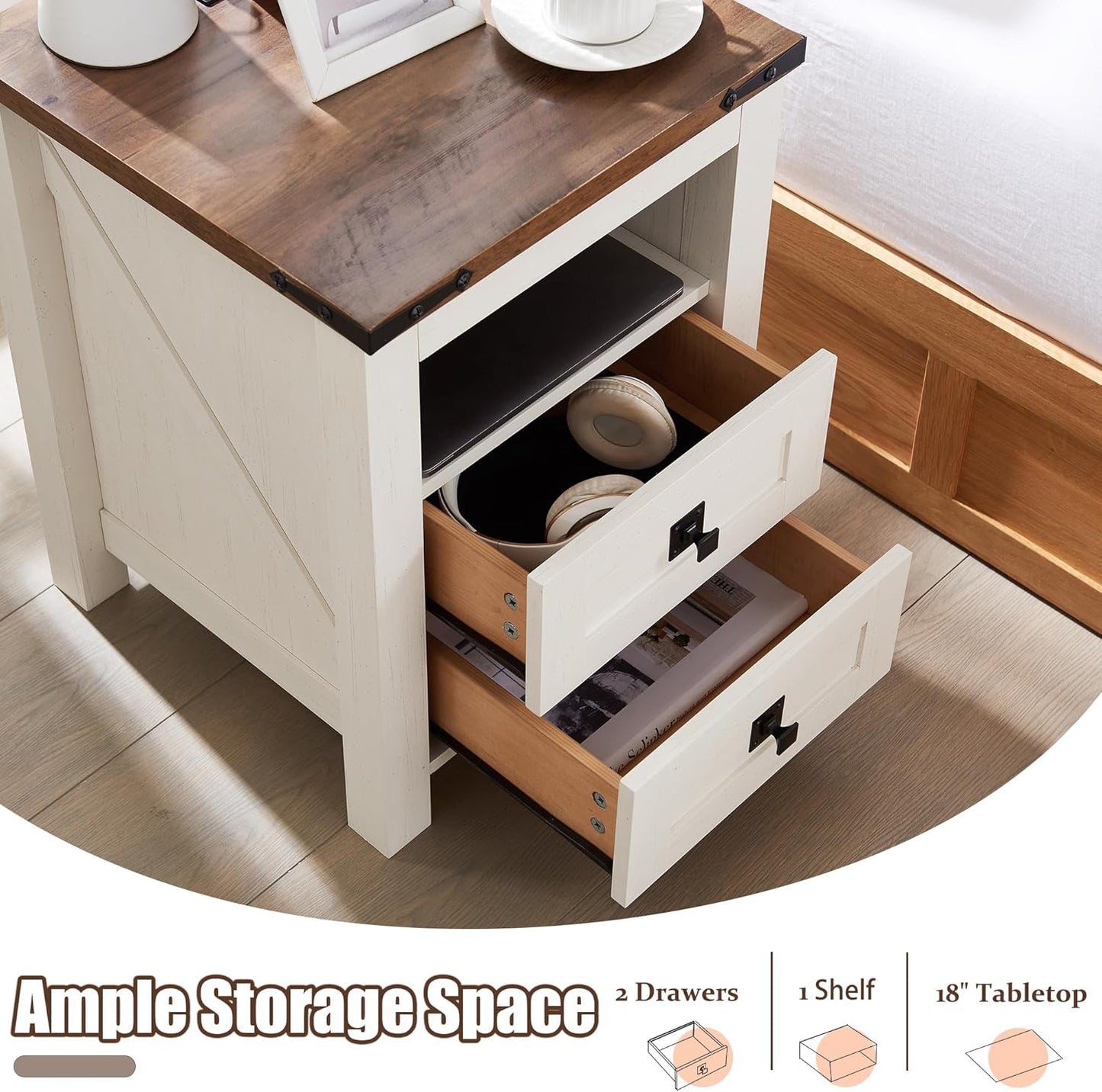 2 DRAWERS Nightstand with Charging Station - White - Image 6