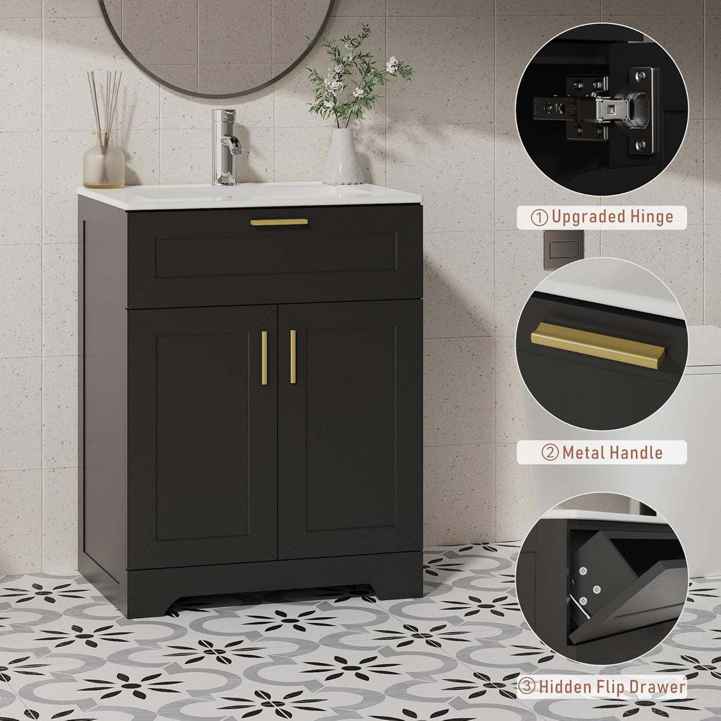 Bathroom Vanity with Ceramic Sink (24 Inch, Cabinet ONLY, Black) - Image 7