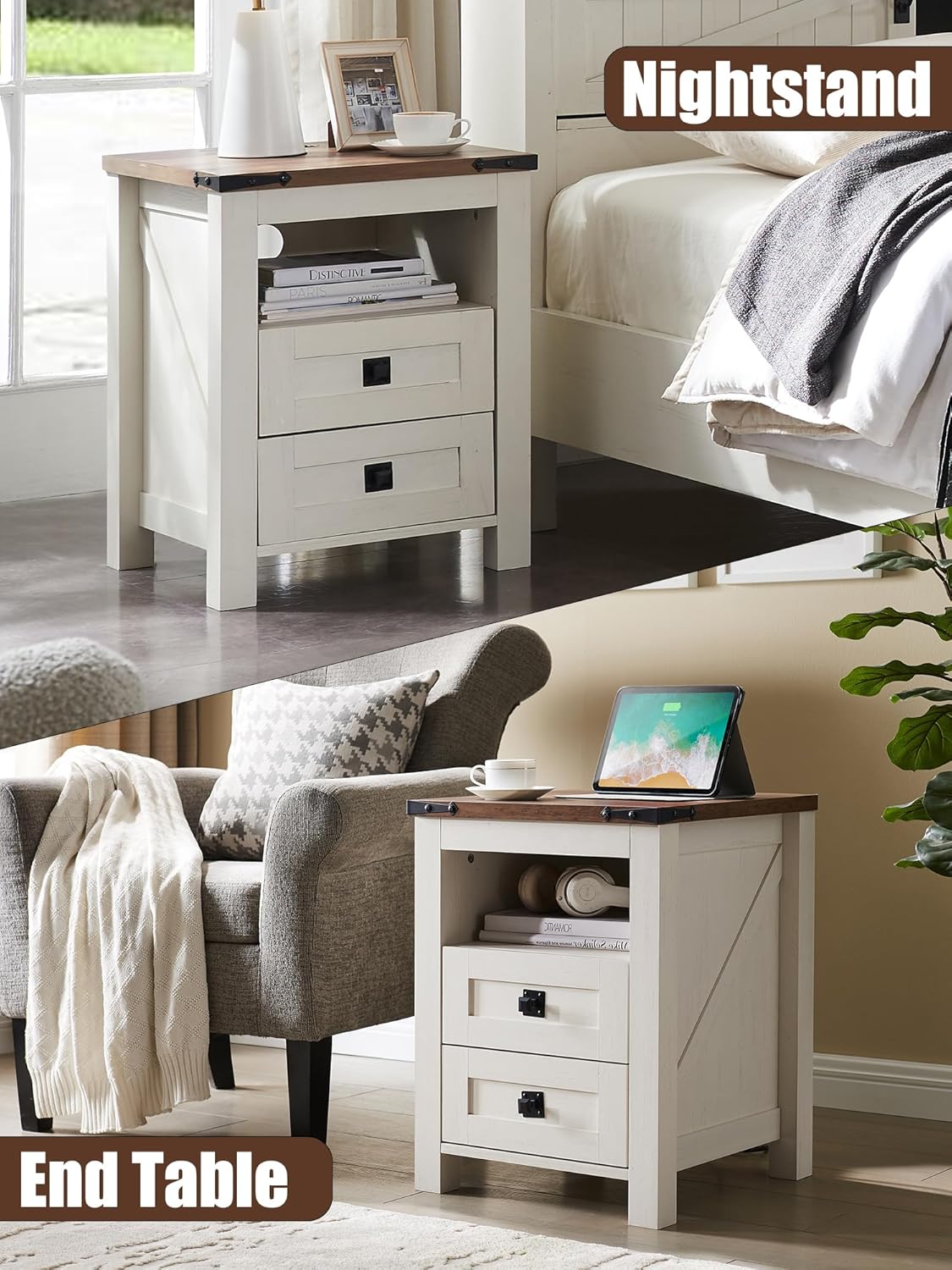 2 DRAWERS Nightstand with Charging Station - White - Image 7