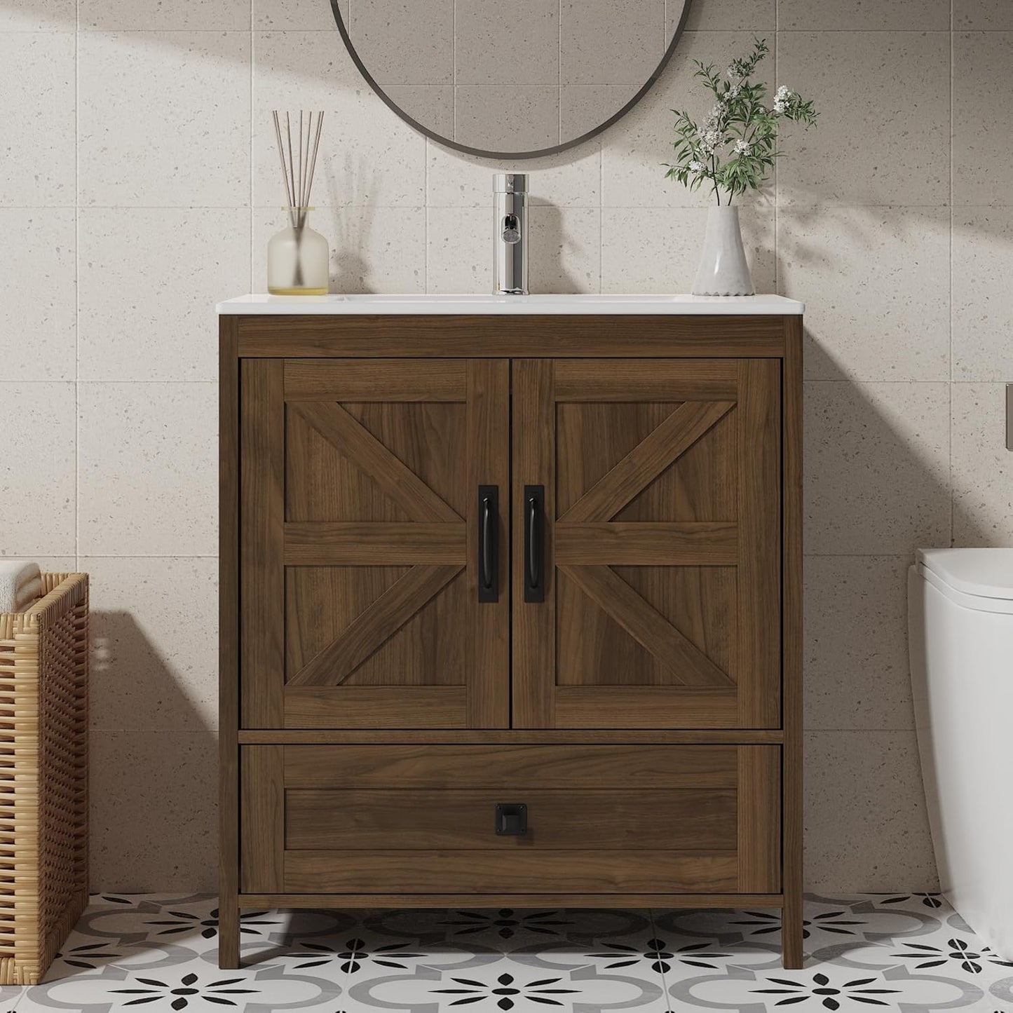Bathroom Vanity with Ceramic Sink (30 Inch, Cabinet ONLY, Brown) - Image 9