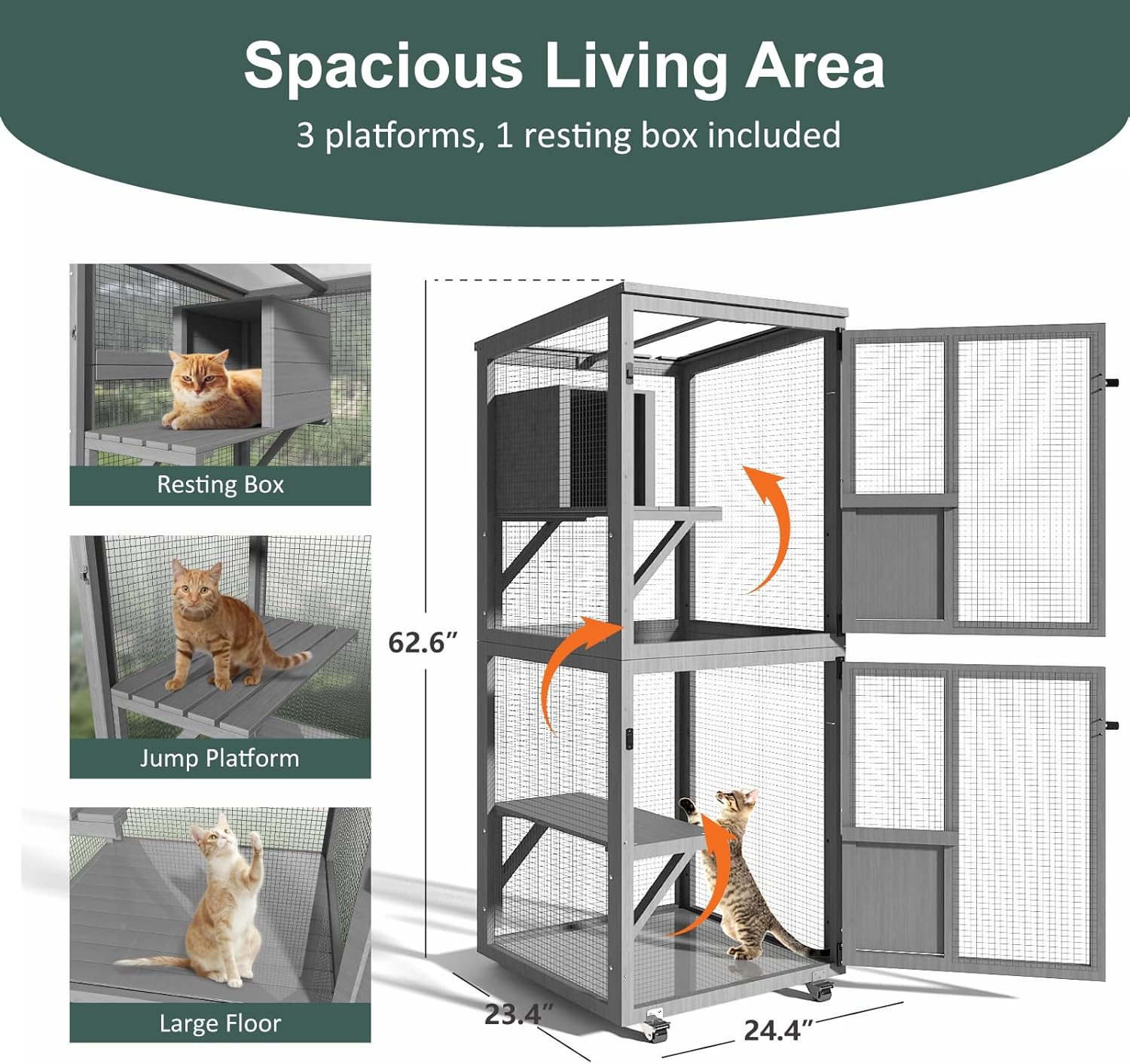 Cat Catio Outdoor Enclosure, 4 Tiers Cat Playen Catio with Wheels - Image 2