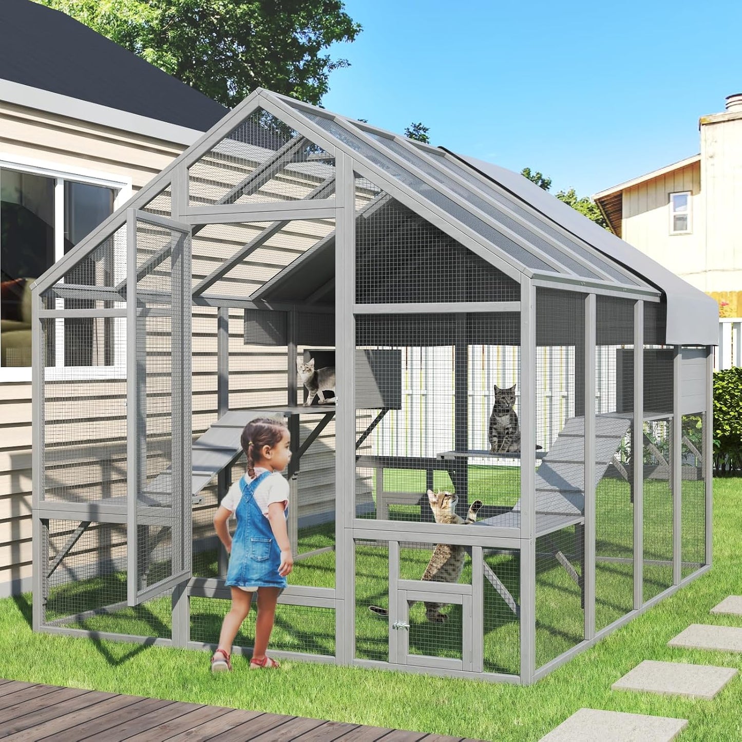 Large Cat Catio, Catio Outdoor Cat Enclosure for Multiple Cats with 7 Platforms, 2 Resting Box and 2 Bridges, Wooden Feral Cat Shelter with Waterproof and UV Proof Canopy - Image 1