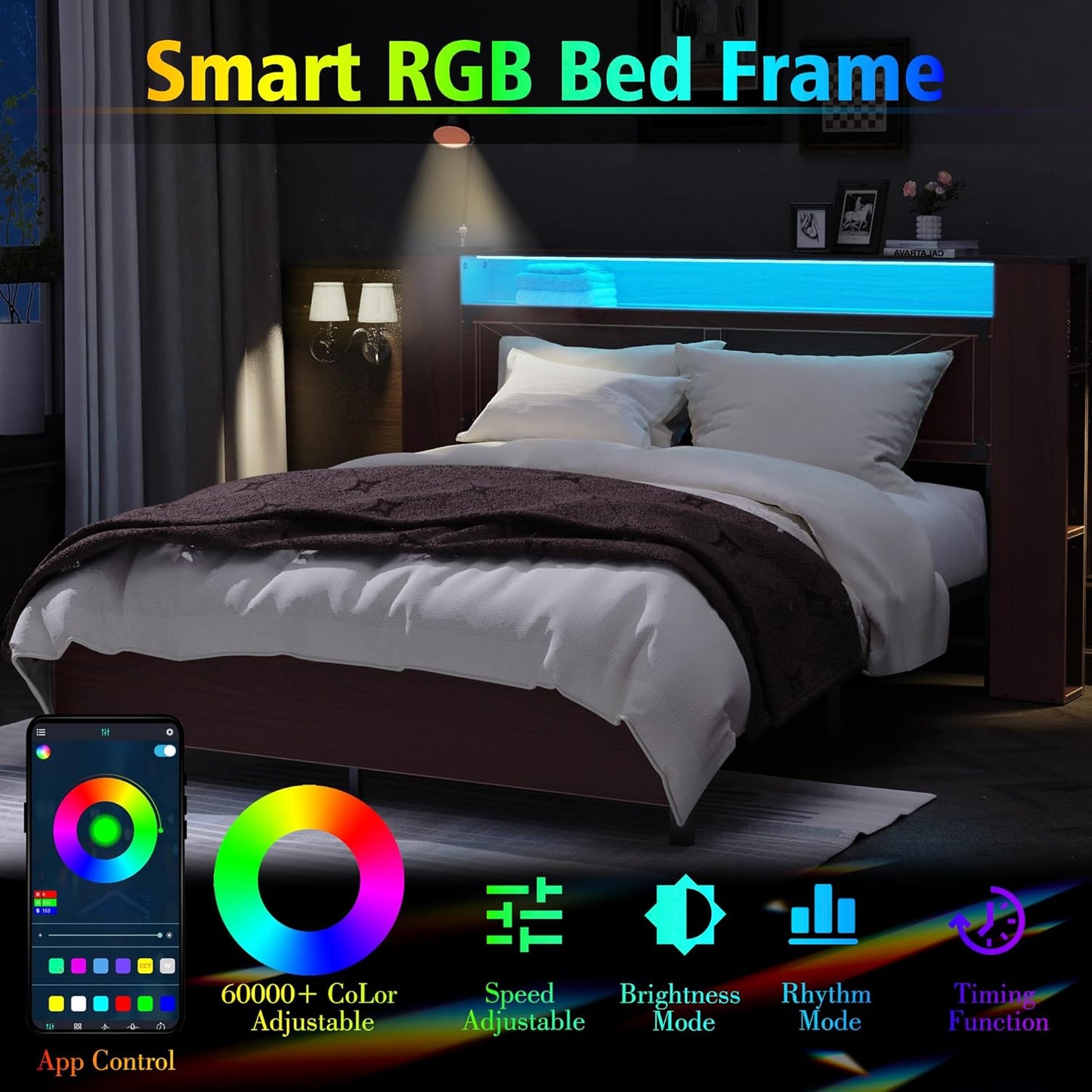Bed Frame with Storage Headboard - Queen Size - Image 3