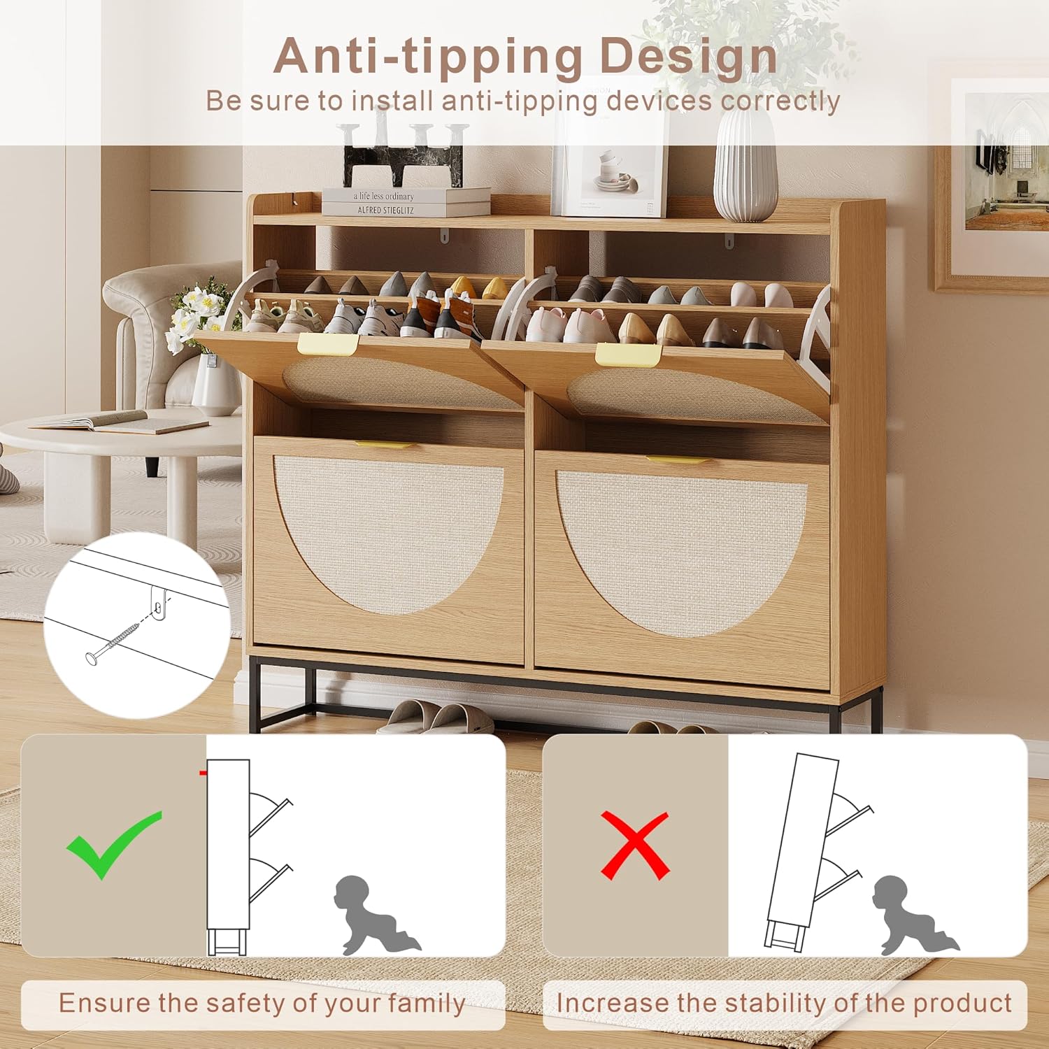 Narrow Shoe Storage Cabinet (Rattan, 4 Flip) - Image 6