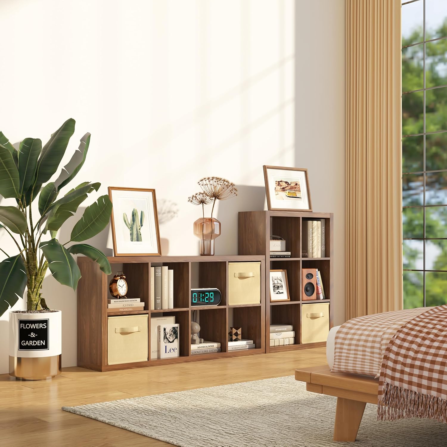 Bookshelf with Storage Bins, 9-Cube Storage Organizer Sturdy Wooden Bookcase - Image 4