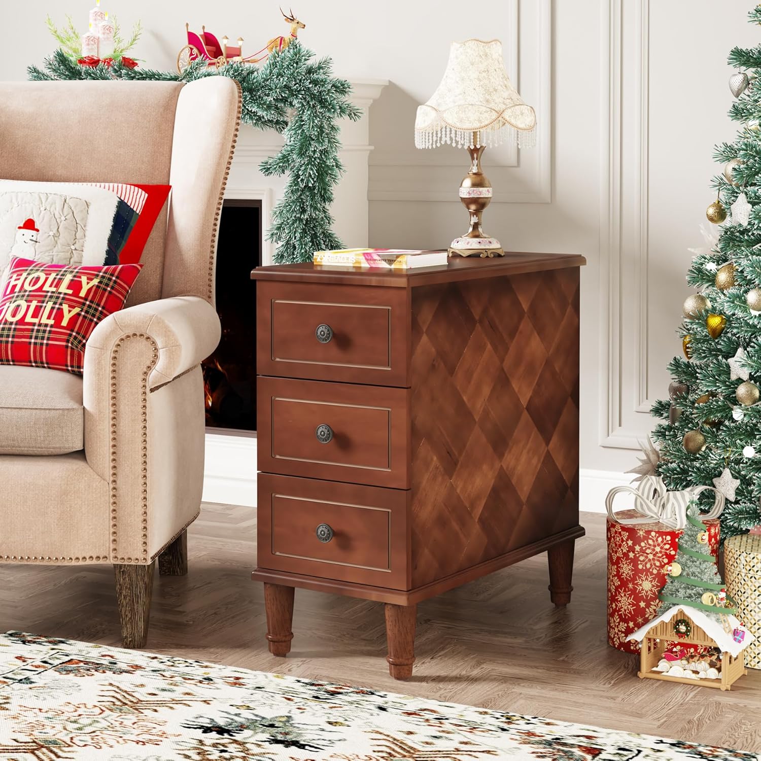 Solid Wood End Table, Fully Assembled Narrow Side Table with Drawers - Brown - Image 3