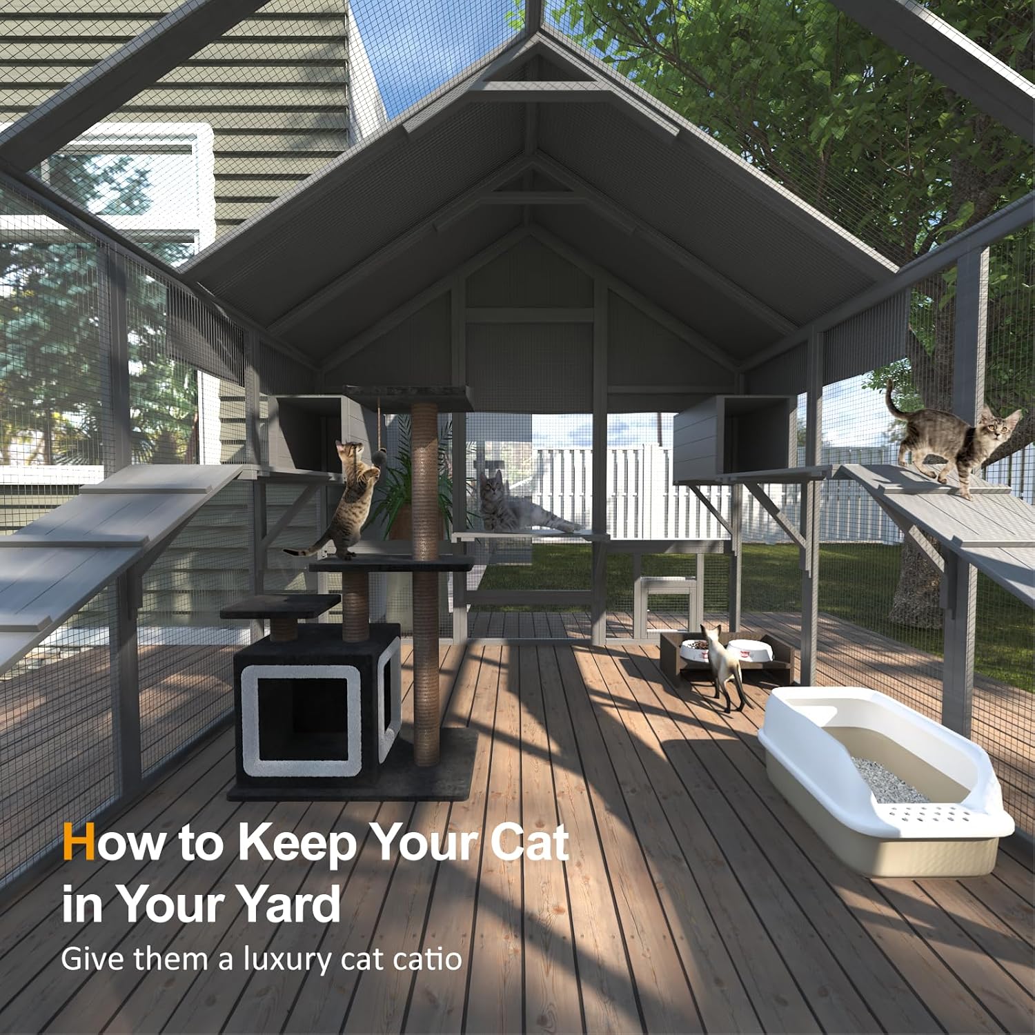 Large Cat Catio, Catio Outdoor Cat Enclosure for Multiple Cats with 7 Platforms, 2 Resting Box and 2 Bridges, Wooden Feral Cat Shelter with Waterproof and UV Proof Canopy - Image 6