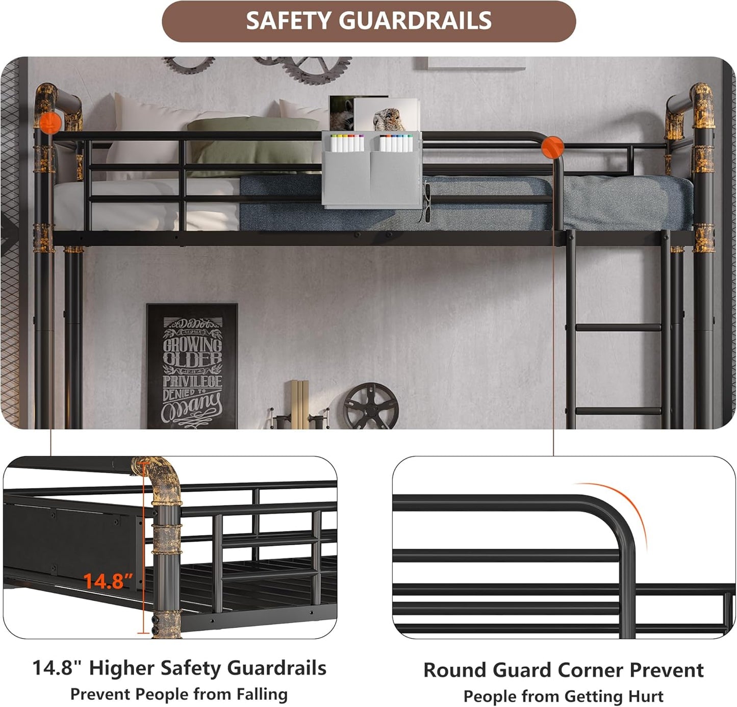 2 IN 1 Metal Bunk Bed Twin Over Twin, Convertible Twin Bunk Beds into 2 Individual Twin Size Bed for Kids Adults - Image 6
