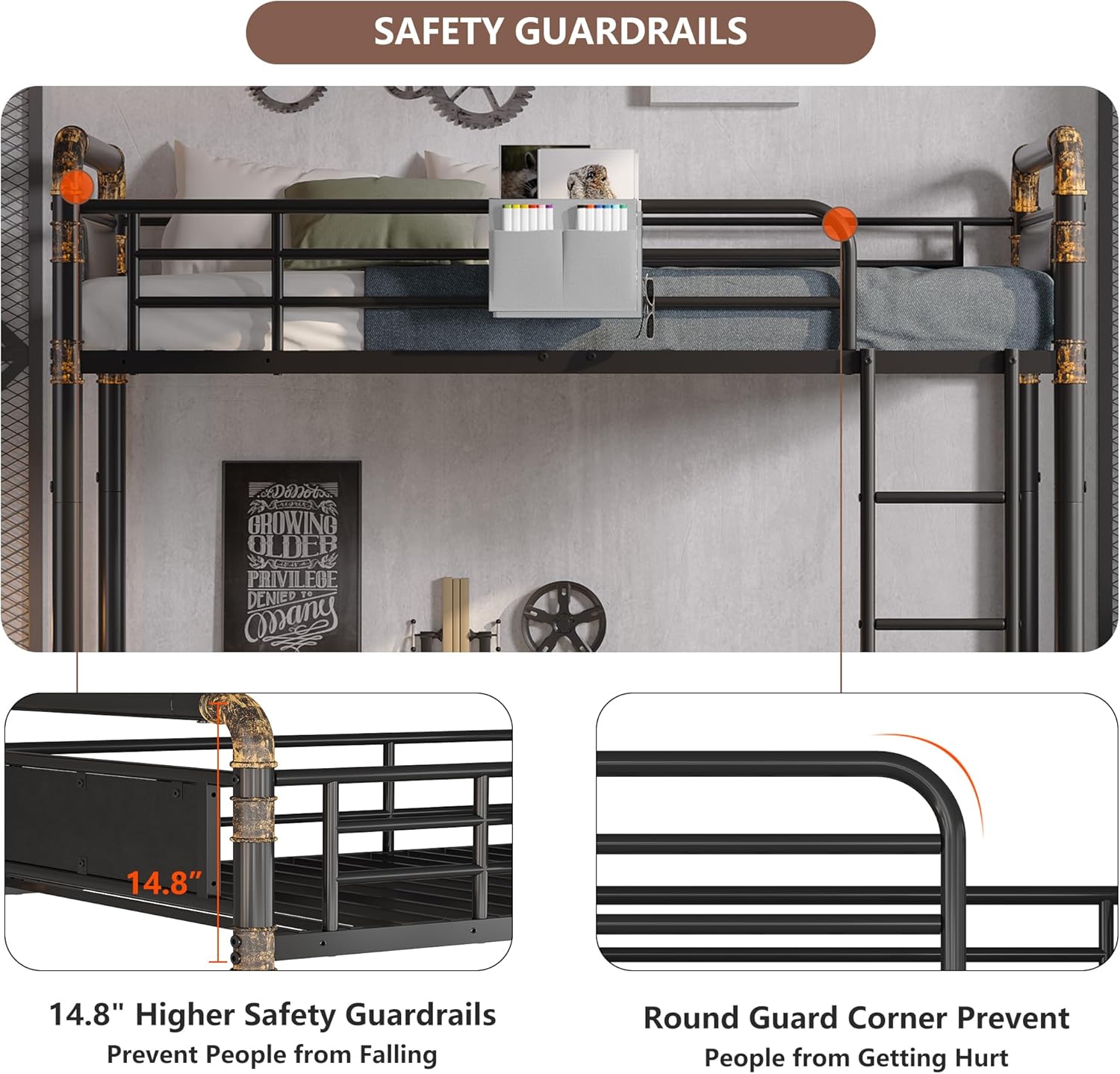 2 IN 1 Metal Bunk Bed Twin Over Twin, Convertible Twin Bunk Beds into 2 Individual Twin Size Bed for Kids Adults - Image 6
