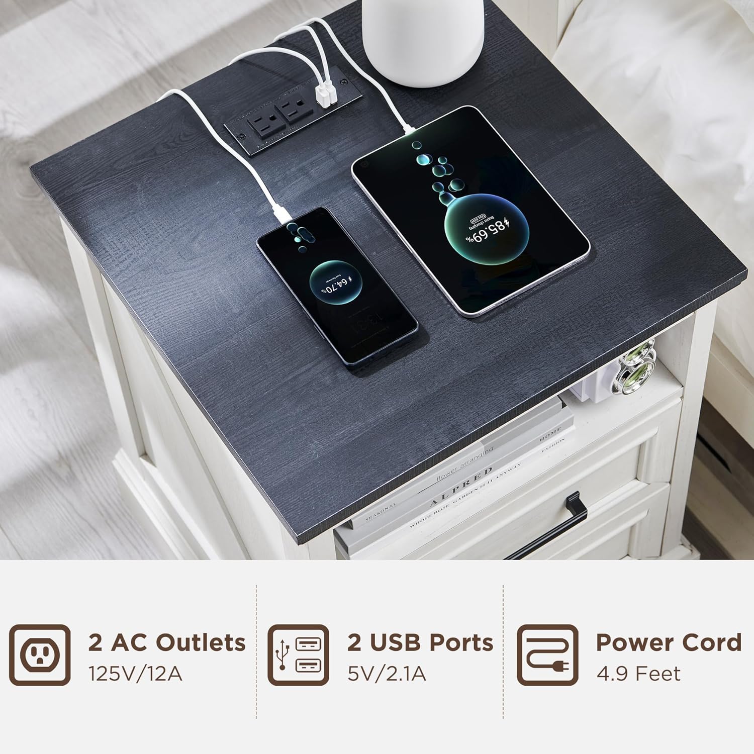 18" Farmhouse Nightstand with Charging Station - White - Image 3