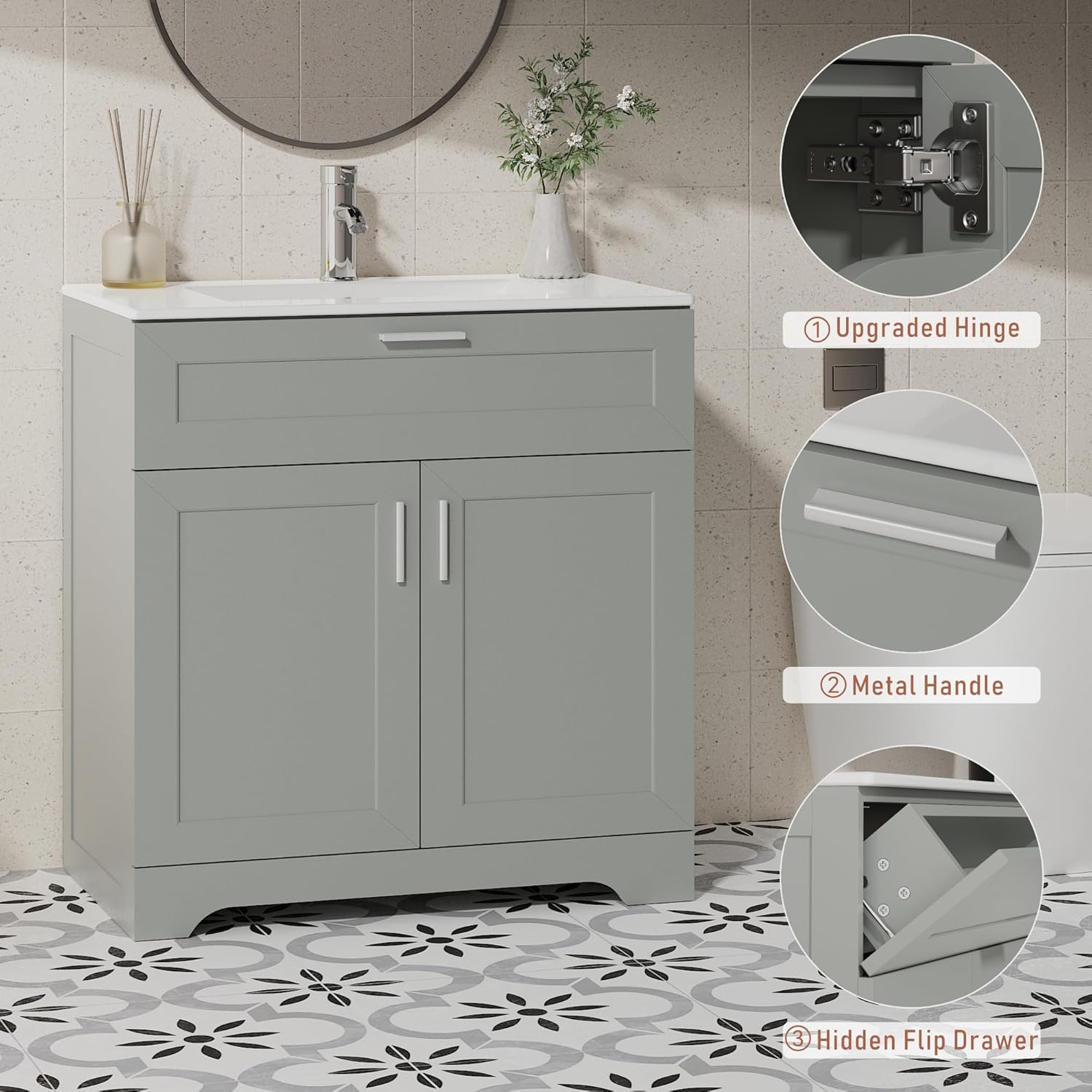 Bathroom Vanity with Ceramic Sink (30 Inch, Cabinet ONLY, Grey) - Image 7