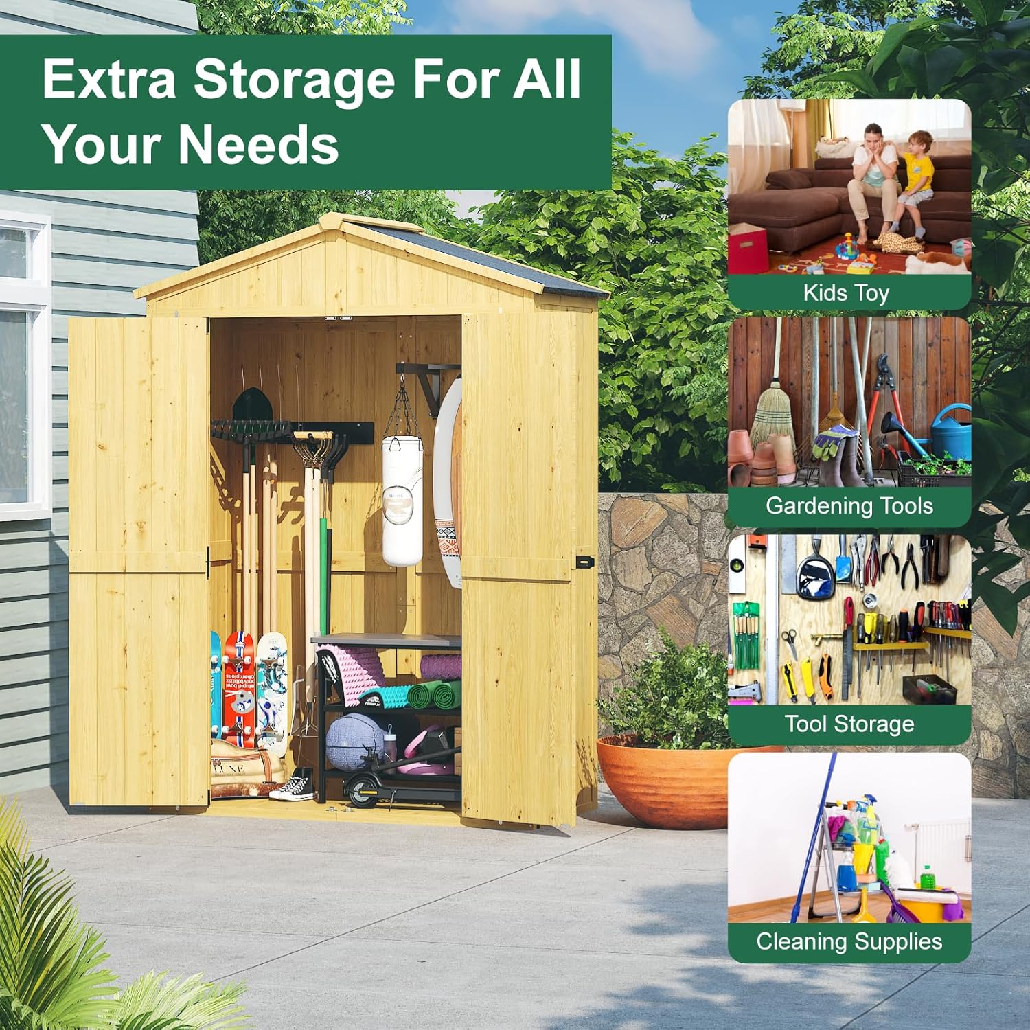 Outdoor Storage Shed, 76'' Outdoor Shed Storage Cabinet, Garden Shed, Wood Tool Shed - Image 6