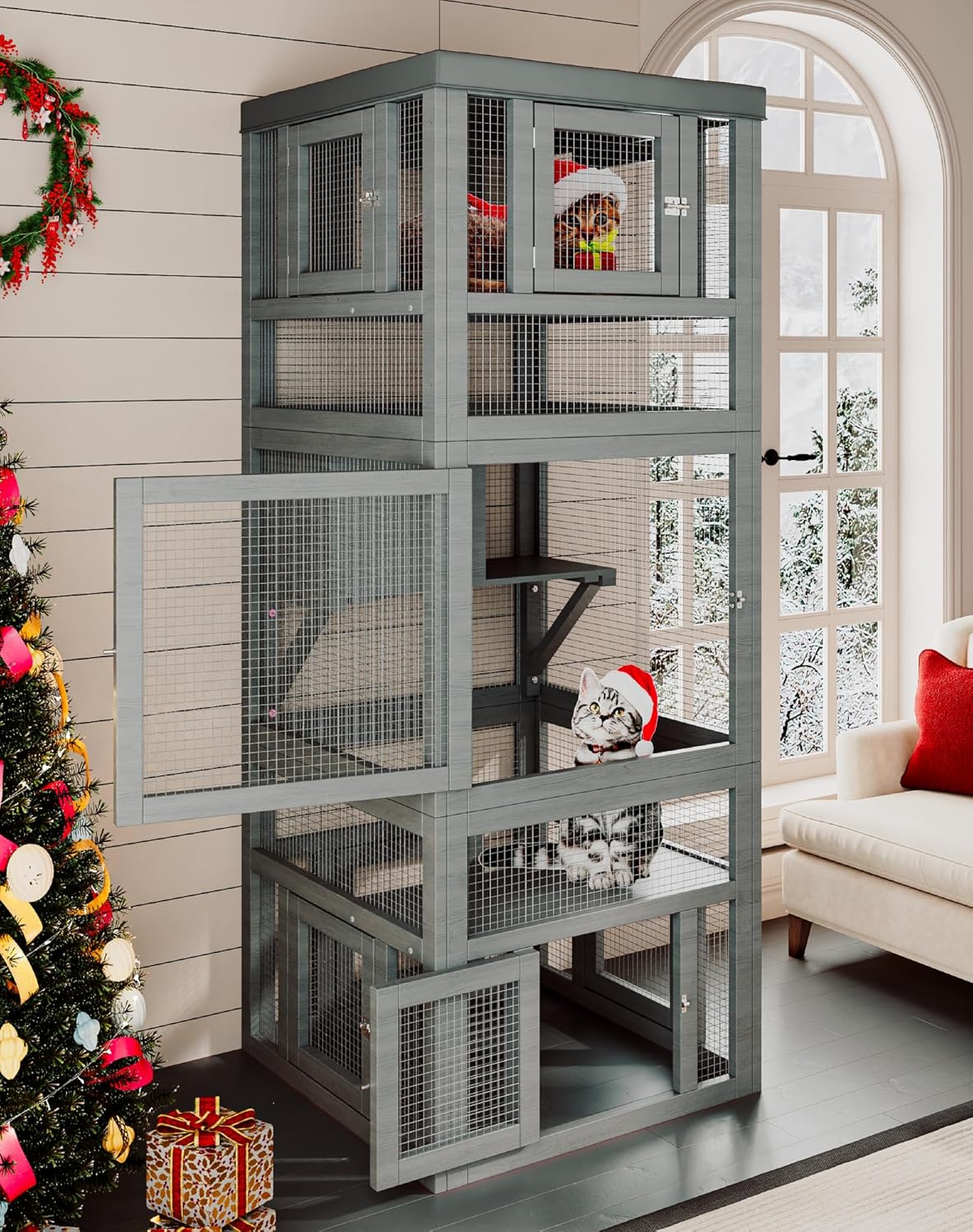 Catio Indoor Cat Enclosure, 3 Tiers Cat Enclosure with Platform, Resting Box and 8 Removable Door - Image 1