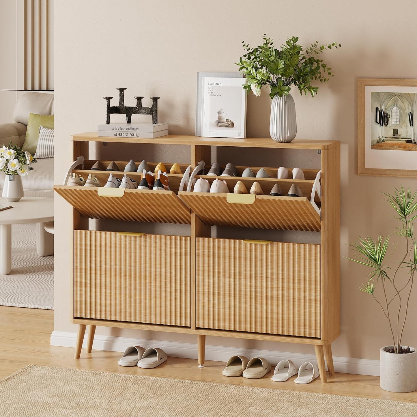 Narrow Shoe Storage Cabinet, Freestanding Shoe Cabinet Organizer for Entryway, Hallway (Oak, 4 Flip) - Image 3