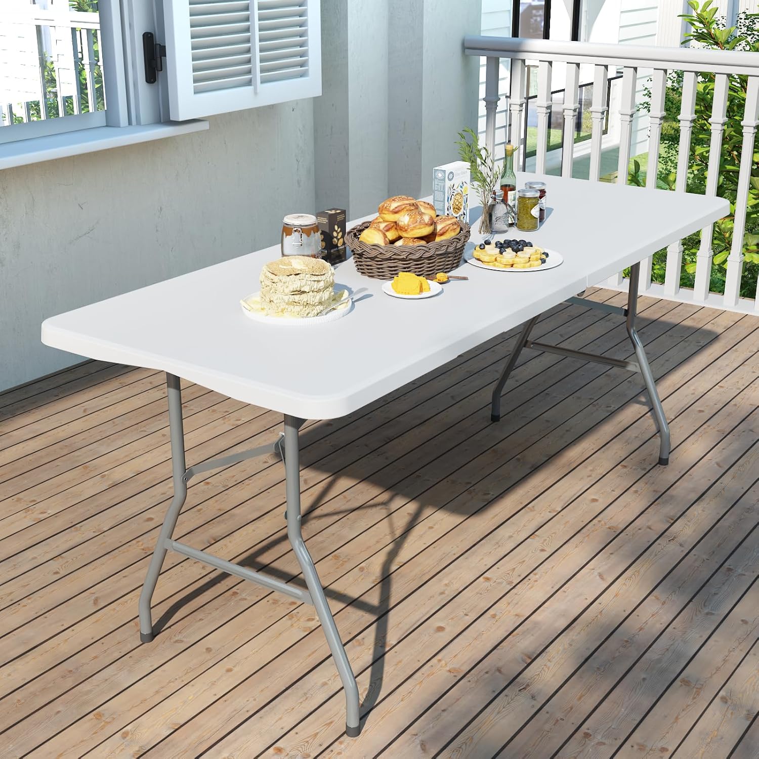 Foldable Table 6ft, Plastic Folding Table, Portable Heavy Duty Dining Table with Lock Function & Carrying Handle, Outdoor Indoor Foldable White Table for Camping Party Picnic - Image 1