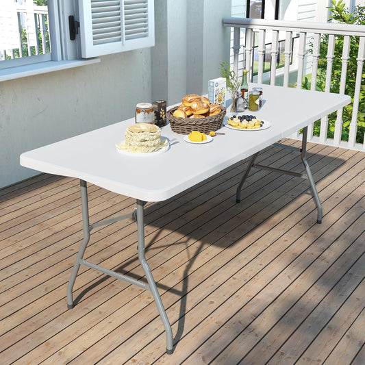 Foldable Table 6ft, Plastic Folding Table, Portable Heavy Duty Dining Table with Lock Function & Carrying Handle, Outdoor Indoor Foldable White Table for Camping Party Picnic - Image 1