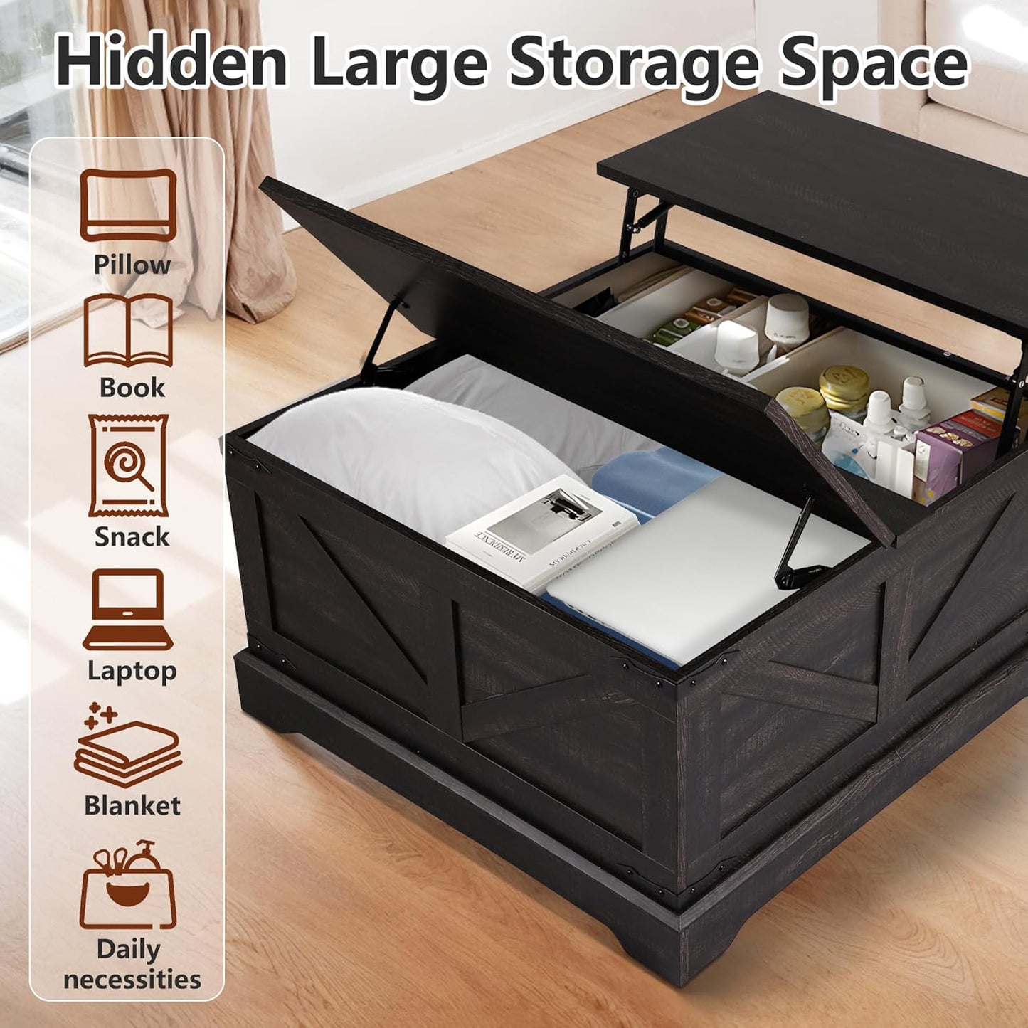  Vintage Storage Coffee Table, Lift Top Coffee Table, Square Center Table, Living Room Tables, Wood Tea Table (Retro Brown) - Image 4