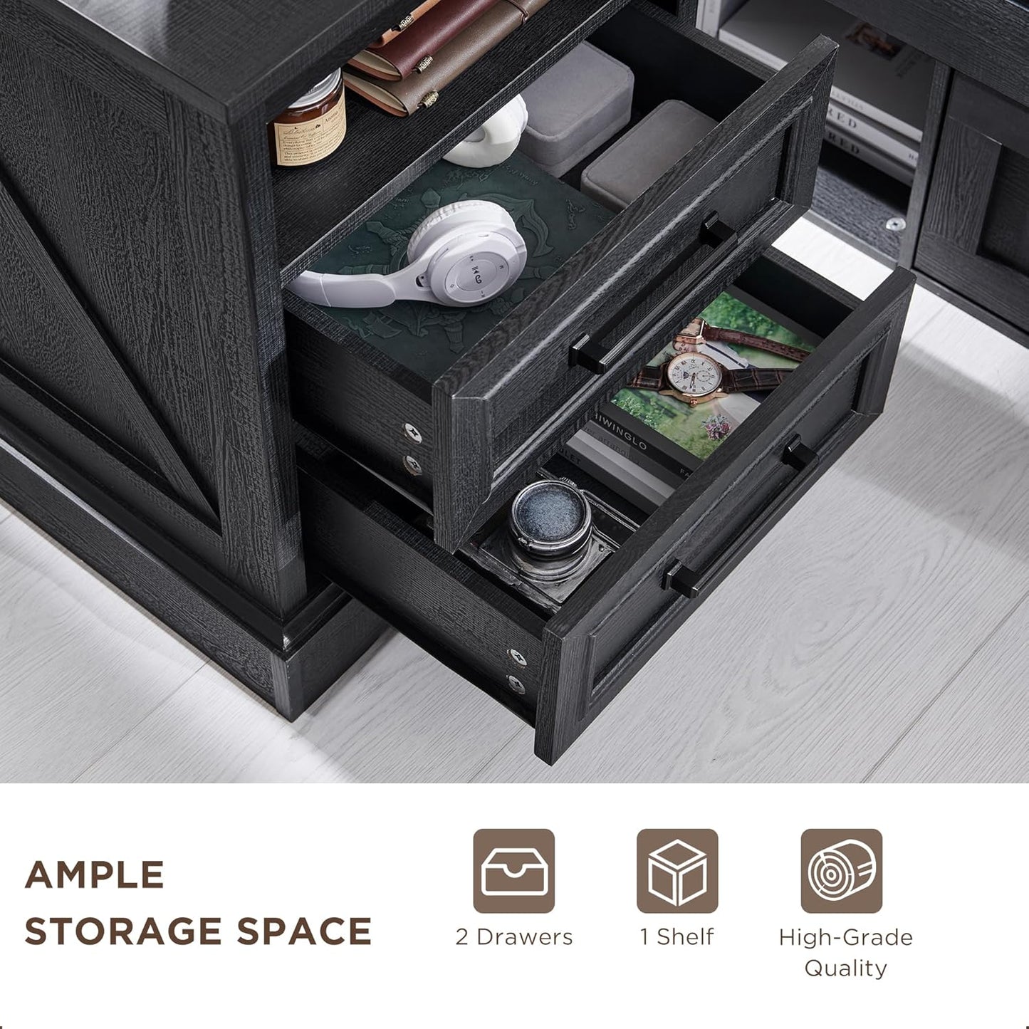 2 DRAWERS Nightstand with Charging Station - Black - Image 6