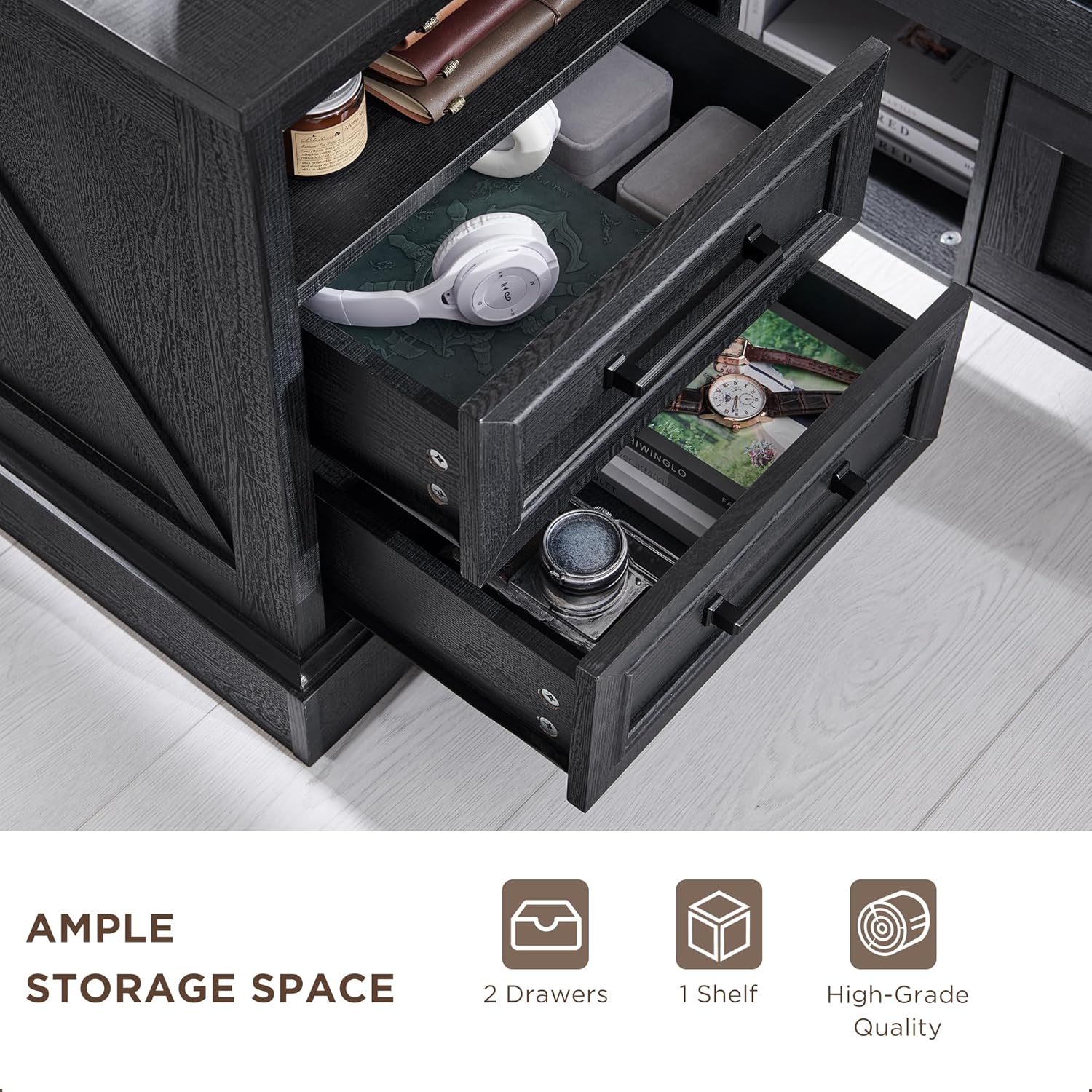 2 DRAWERS Nightstand with Charging Station - Black - Image 6