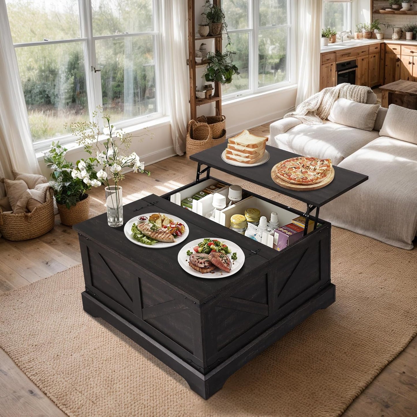  Vintage Storage Coffee Table, Lift Top Coffee Table, Square Center Table, Living Room Tables, Wood Tea Table (Retro Brown) - Image 8