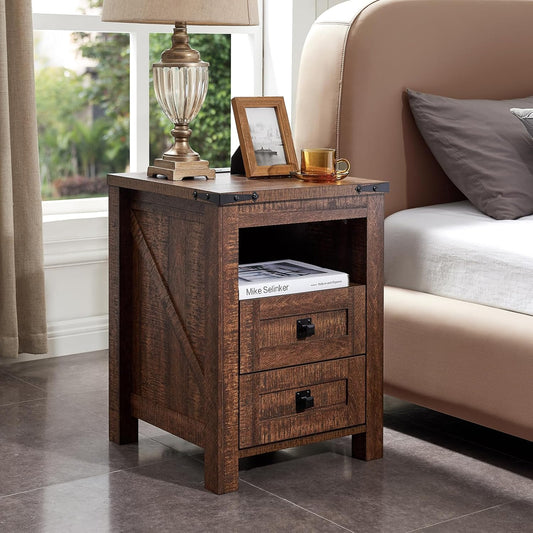 2 DRAWERS Nightstand with Charging Station - Reclaimed Barnwood Color - Image 1
