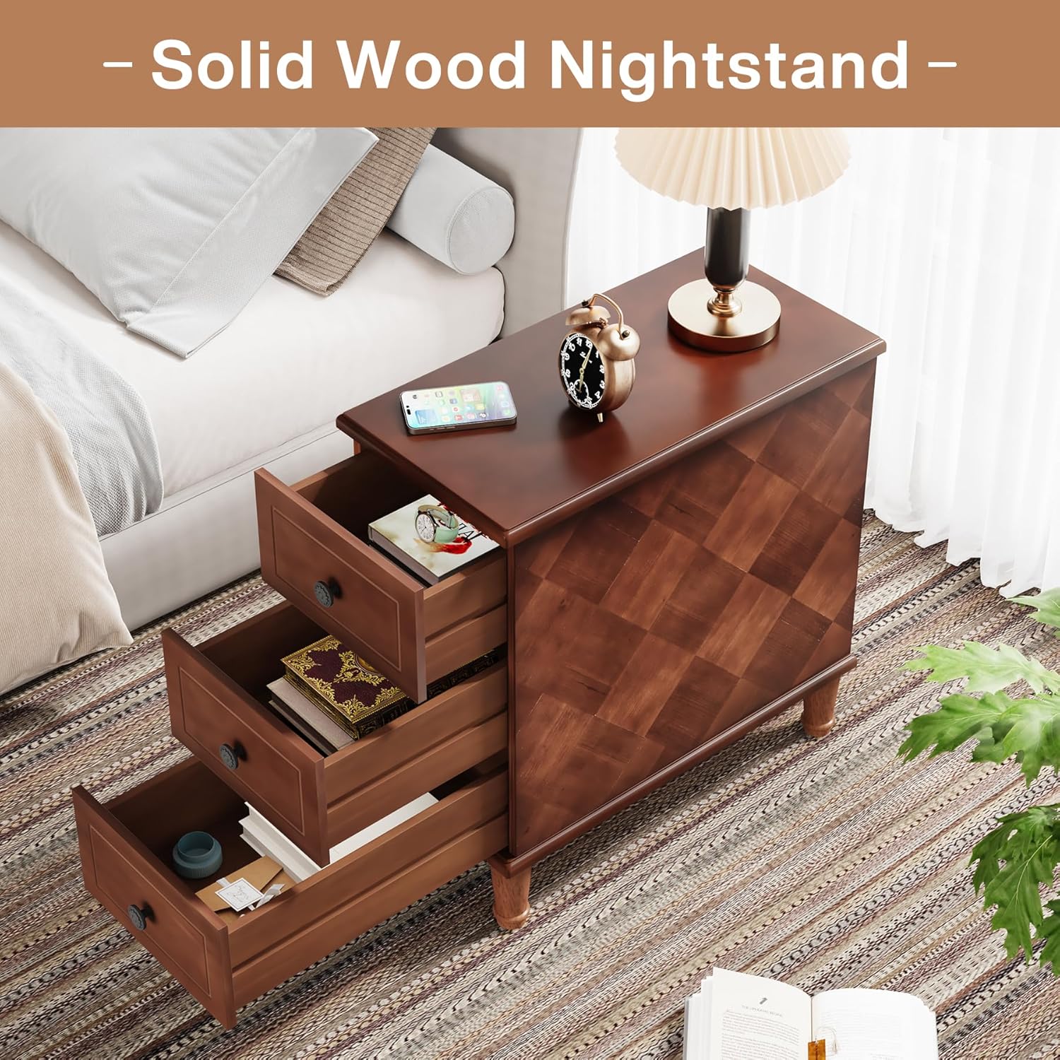 Solid Wood End Table, Fully Assembled Narrow Side Table with Drawers - Brown - Image 5