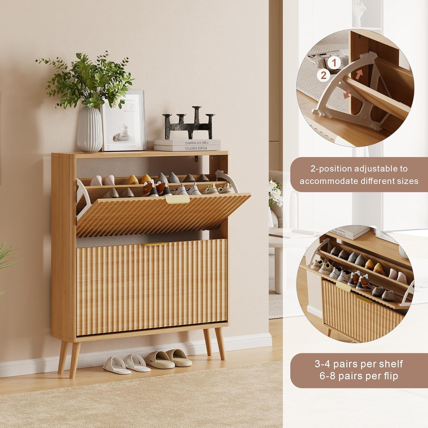 Narrow Shoe Storage Cabinet, Freestanding Shoe Cabinet Organizer for Entryway, Hallway (Oak, 2 Flip) - Image 5