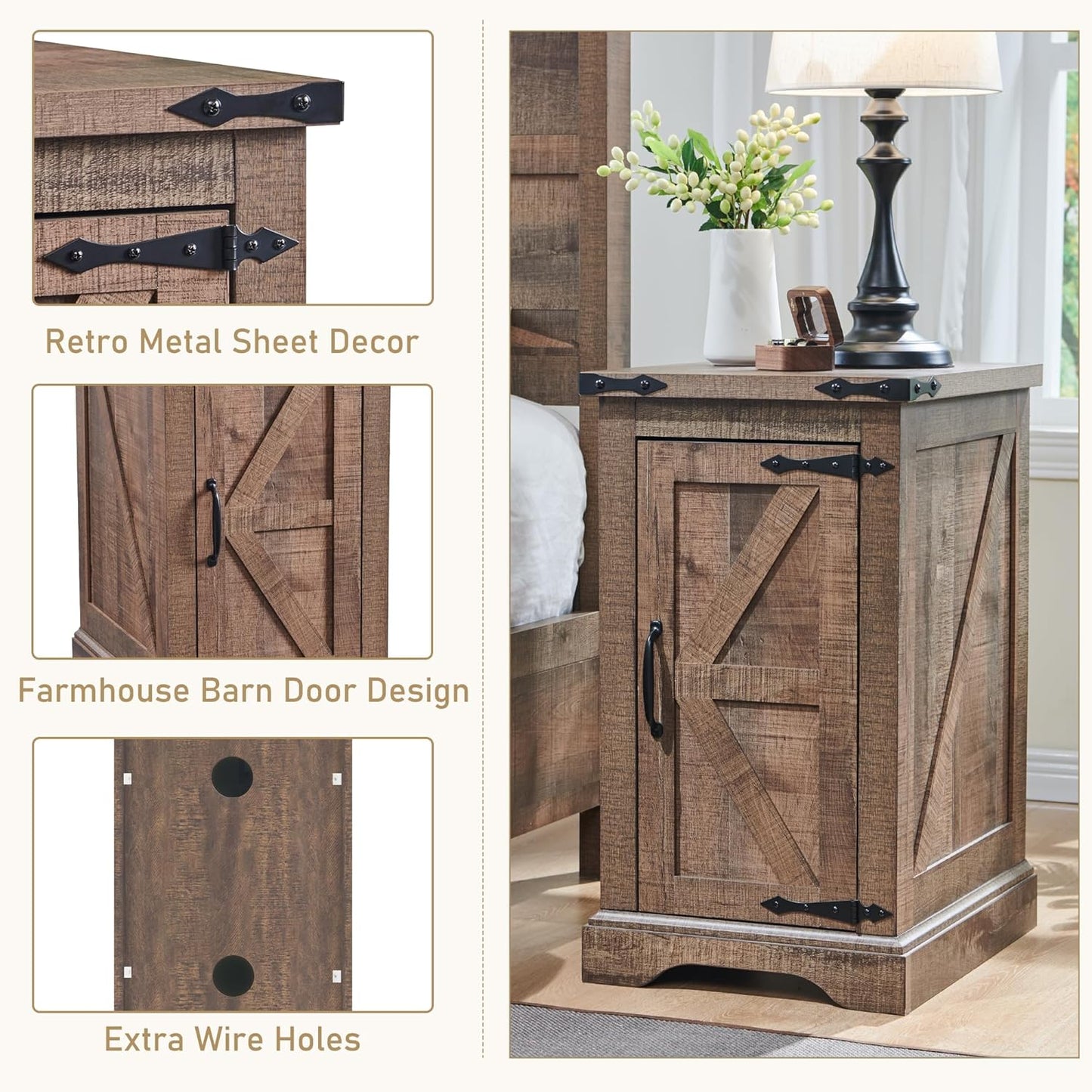 17" Farmhouse Nightstand with Charging Station - Brown - Image 6