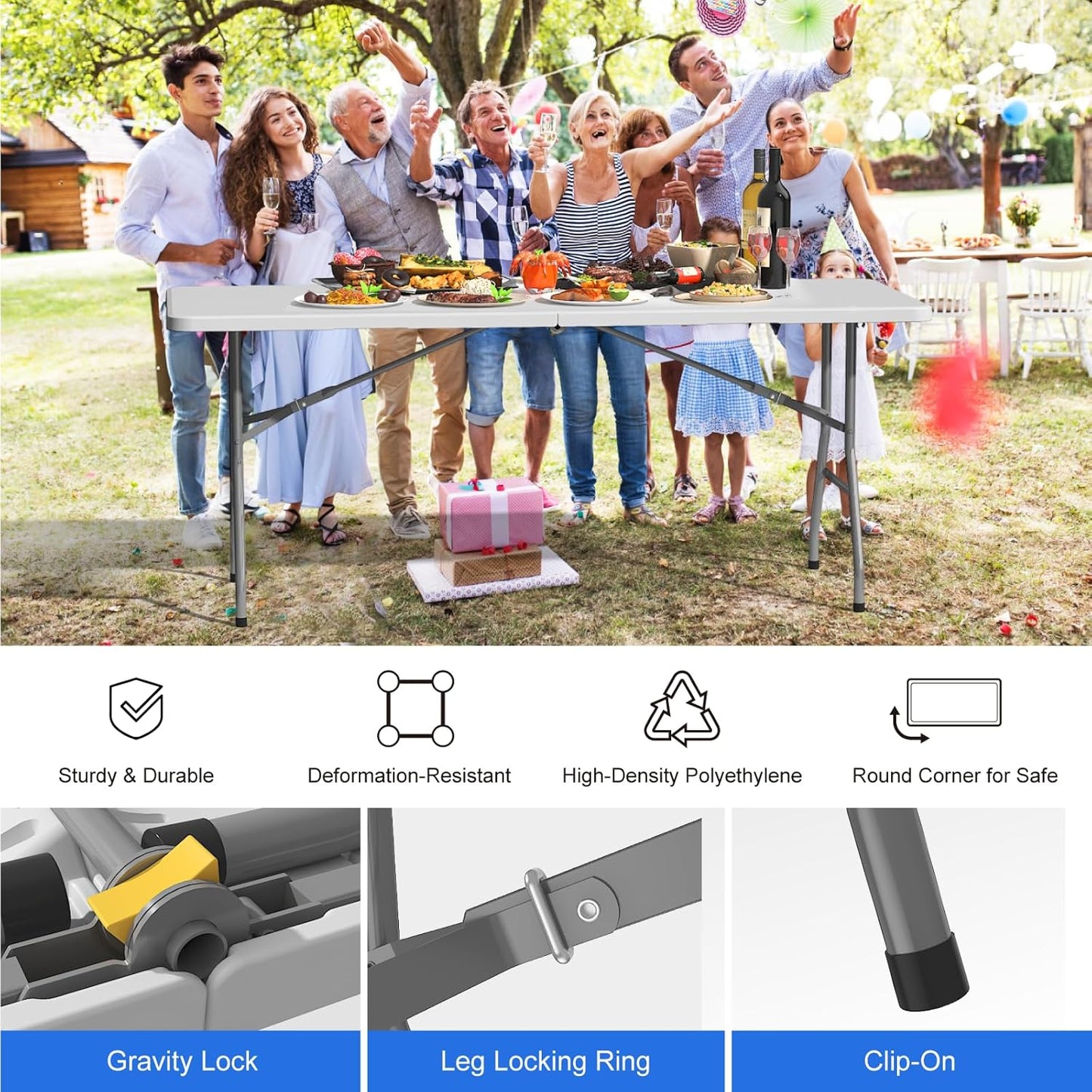 Foldable Table 6ft, Plastic Folding Table, Portable Heavy Duty Dining Table with Lock Function & Carrying Handle, Outdoor Indoor Foldable White Table for Camping Party Picnic - Image 3