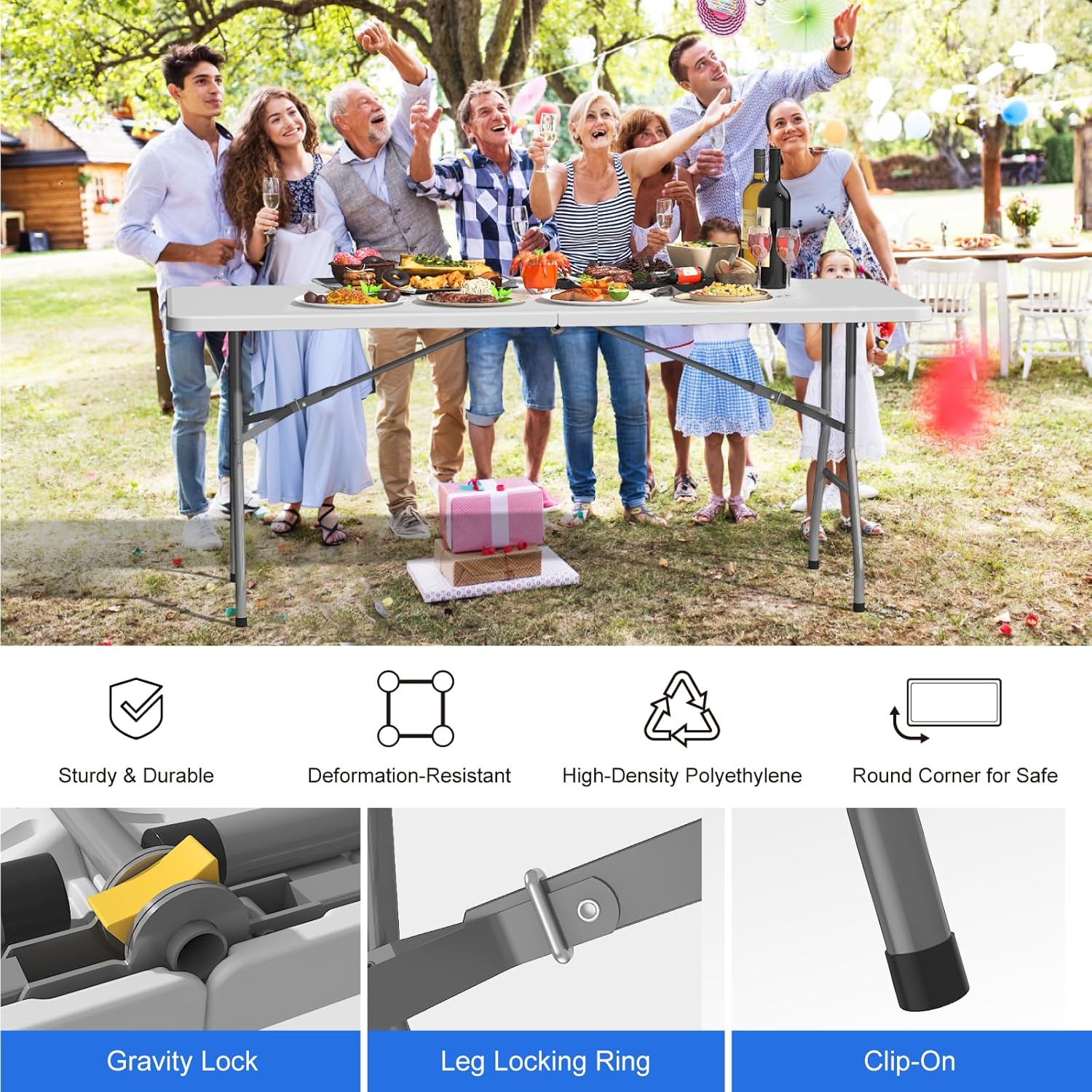 Foldable Table 6ft, Plastic Folding Table, Portable Heavy Duty Dining Table with Lock Function & Carrying Handle, Outdoor Indoor Foldable White Table for Camping Party Picnic - Image 3