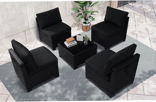 5 Piece Patio Furniture Set, Outdoor Patio Furniture Sets, Patio Conversation Set with Coffee Table, Cushions, All-Weather PE Rattan Sofa Set - Image 1