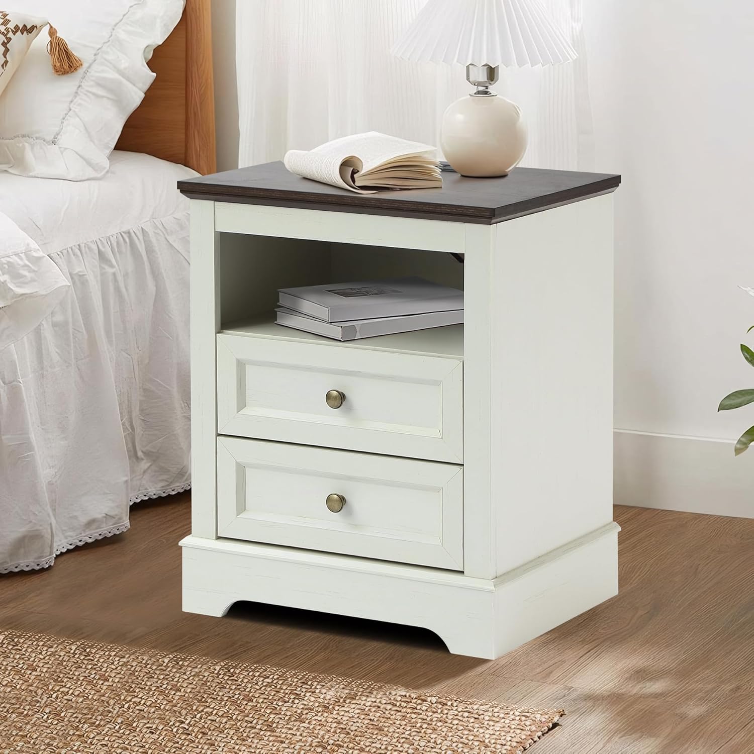 Farmhouse Night Stand with 2 Drawers - Set of 1 -White - Image 4