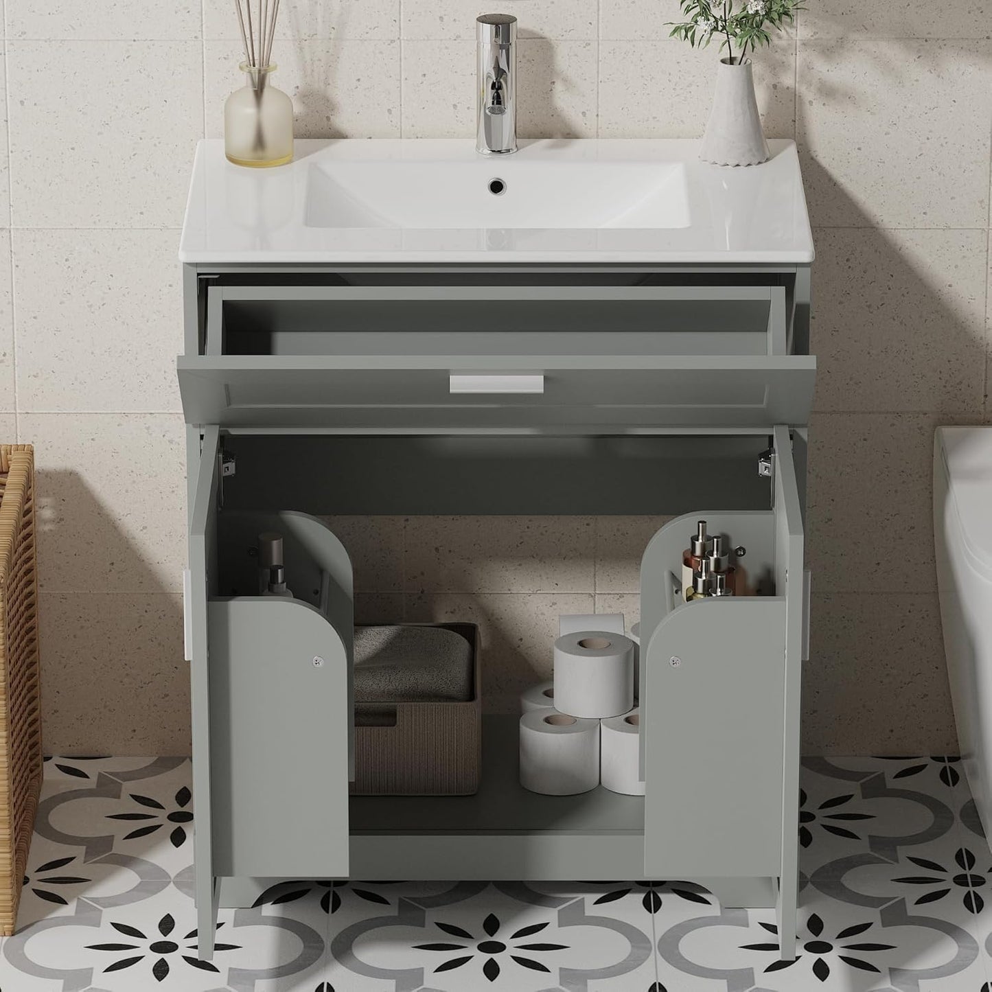 Bathroom Vanity with Ceramic Sink (30 Inch, Cabinet ONLY, Grey) - Image 4