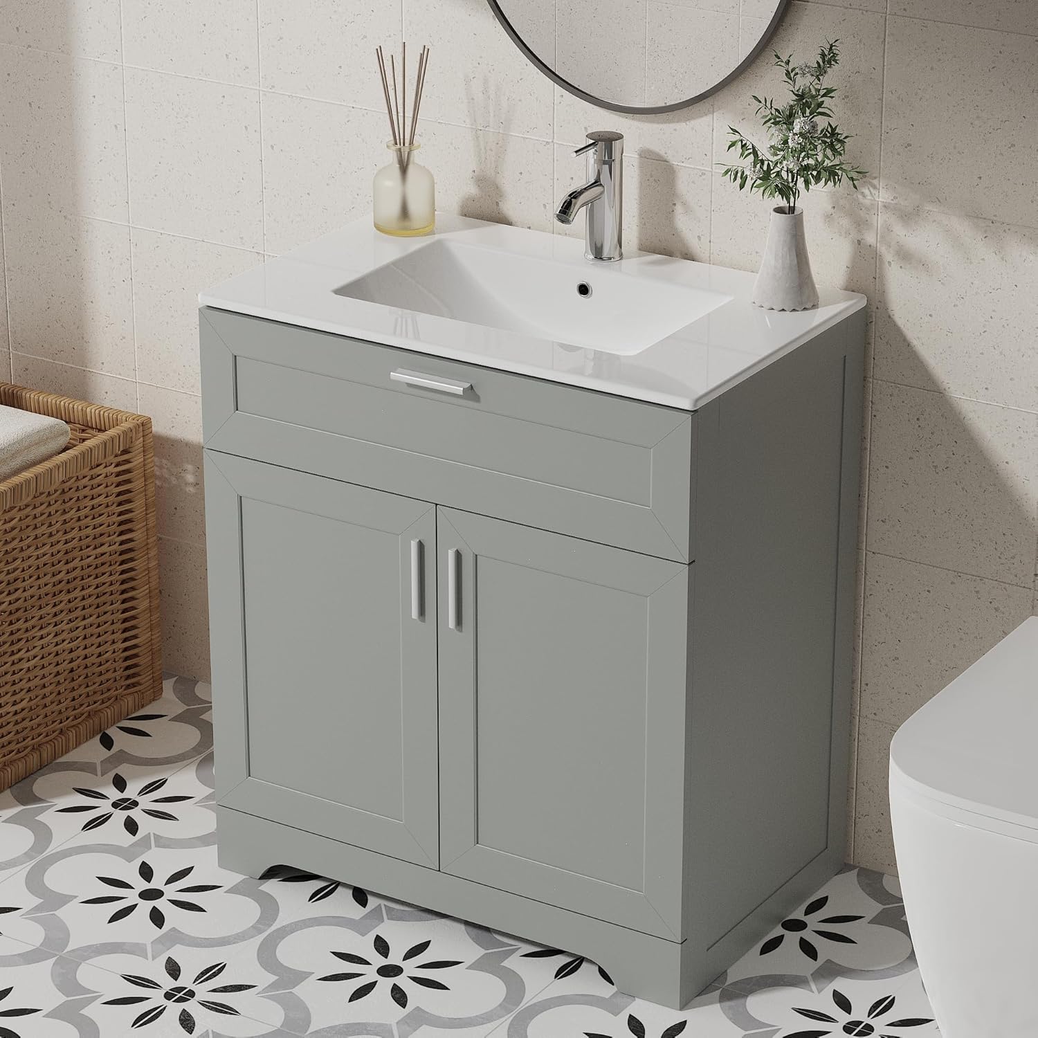 Bathroom Vanity with Ceramic Sink (30 Inch, Cabinet ONLY, Grey) - Image 1