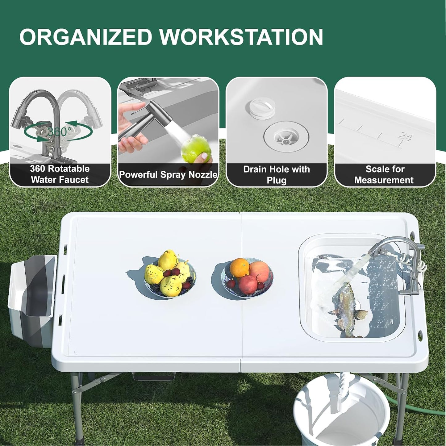 Folding Fish Cleaning Table with Sink, 50"x27" Bi-Folding Portable Camping Sink Station - Image 3