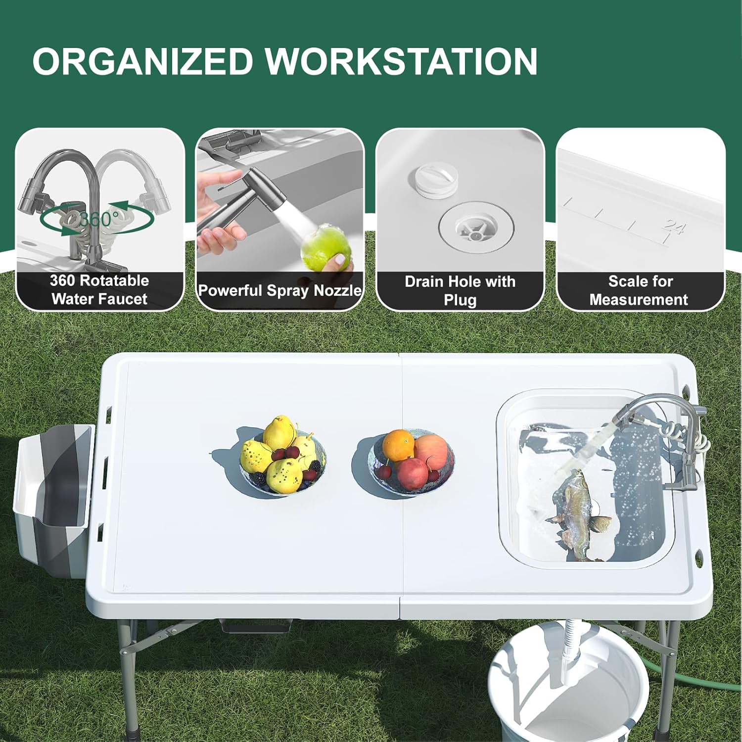 Folding Fish Cleaning Table with Sink, 50"x27" Bi-Folding Portable Camping Sink Station - Image 3
