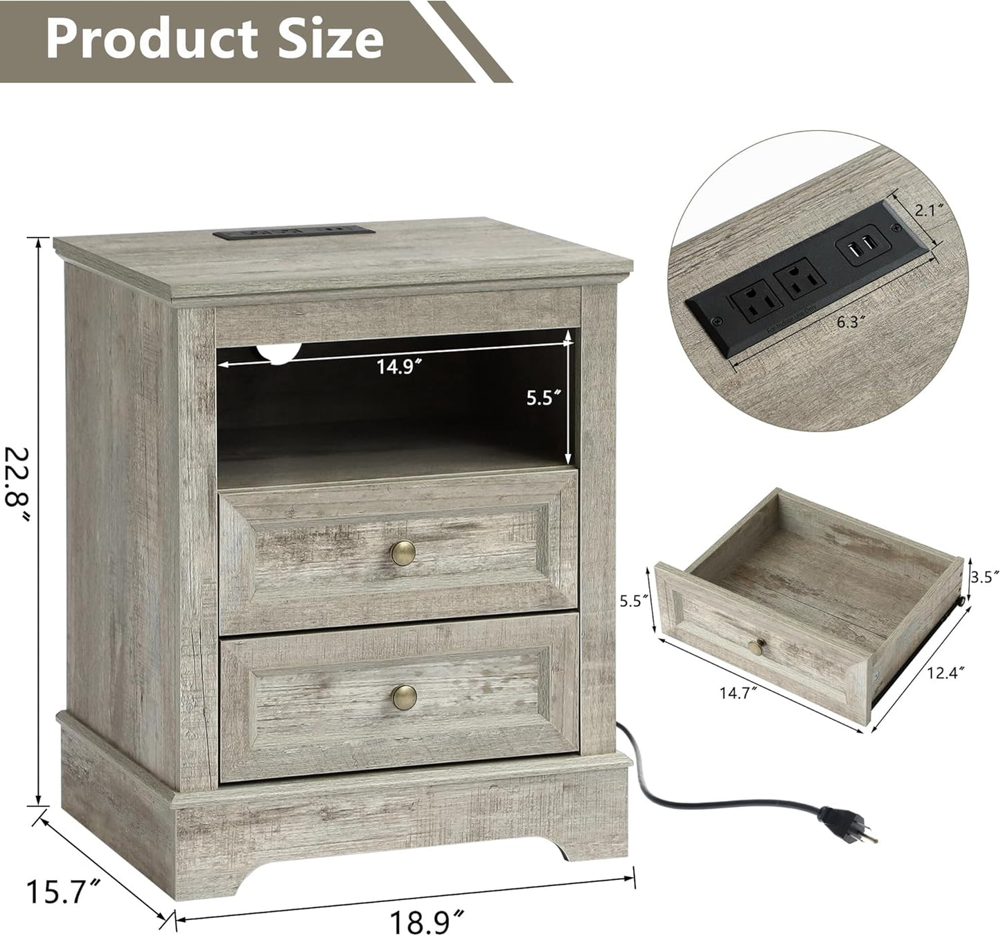 Farmhouse Night Stand with 2 Drawers with Charge - Set of 2 -Grey - Image 2
