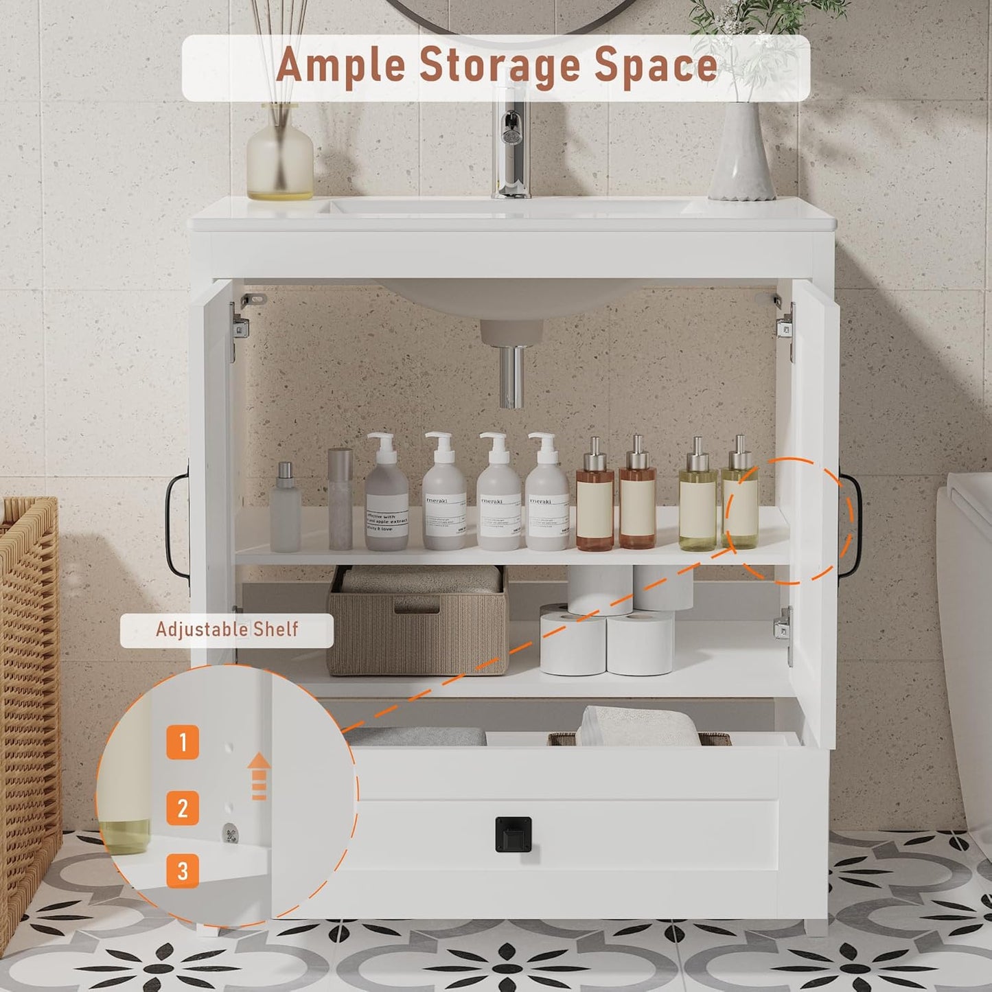 Bathroom Vanity with Ceramic Sink (30 Inch, Cabinet ONLY, White) - Image 4