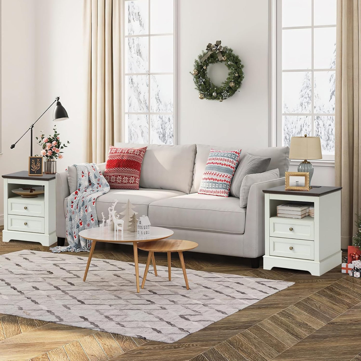 Farmhouse Night Stand with 2 Drawers - Set of 1 -White - Image 10