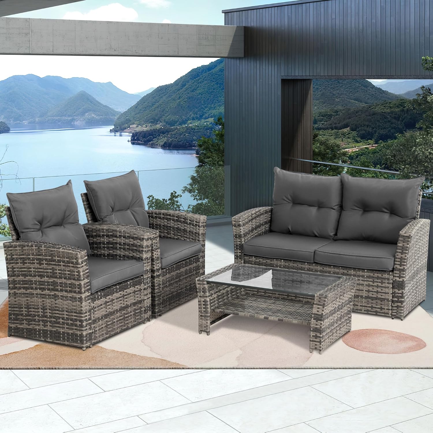 4 Piece Outdoor Patio Furniture Set (Grey Cushion) -1 - Image 7