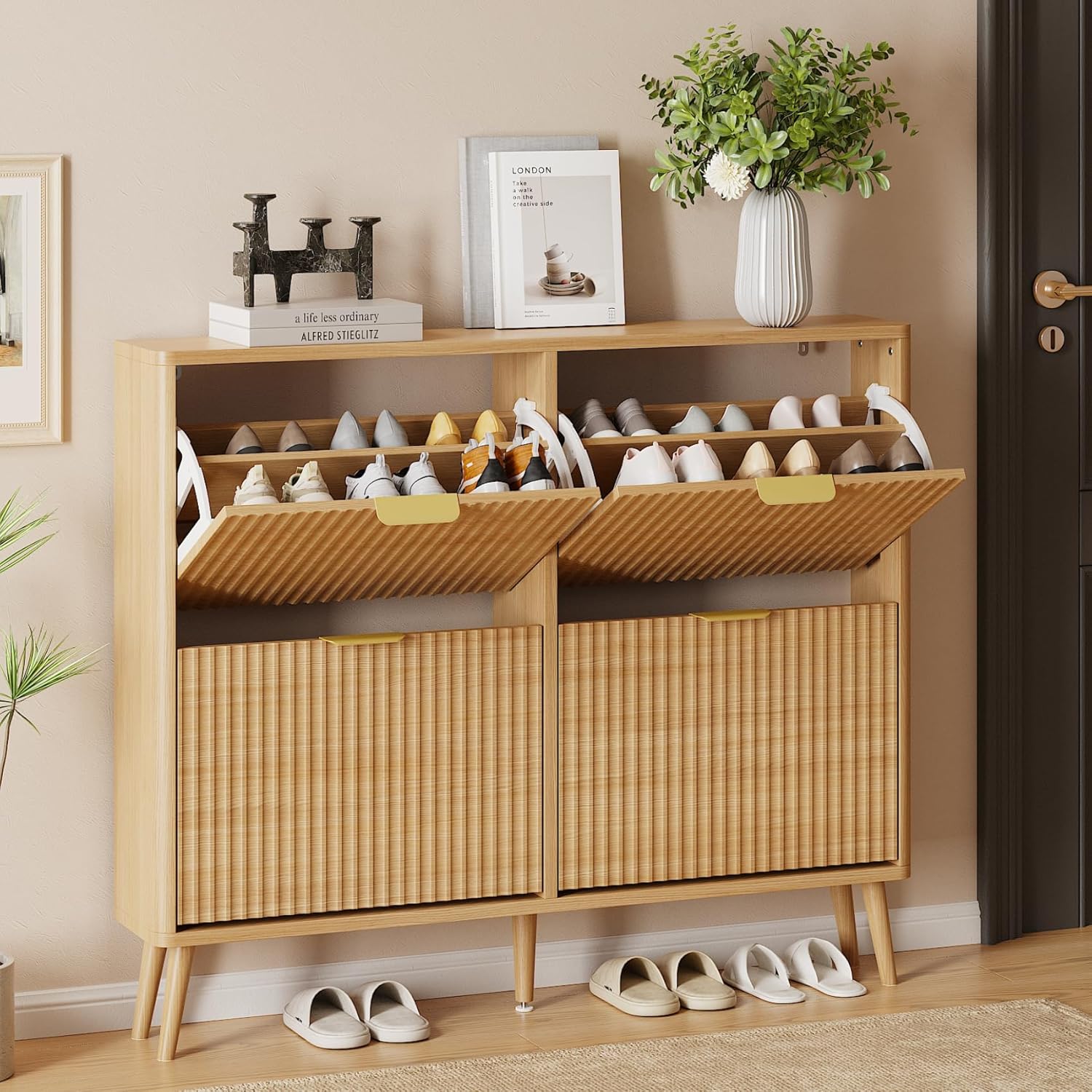 Narrow Shoe Storage Cabinet, Freestanding Shoe Cabinet Organizer for Entryway, Hallway (Oak, 4 Flip) - Image 1