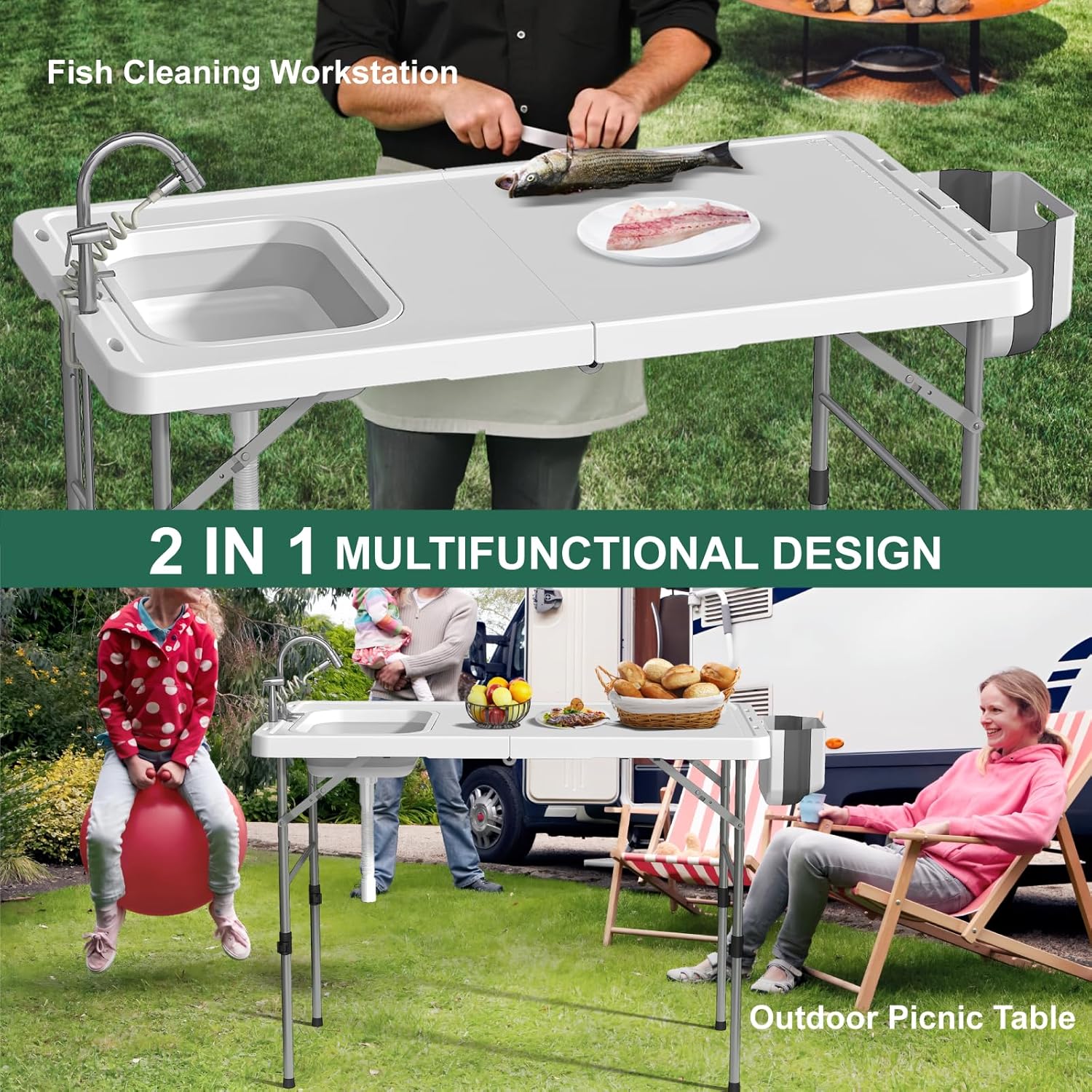 Folding Fish Cleaning Table with Sink, 50"x27" Bi-Folding Portable Camping Sink Station - Image 5
