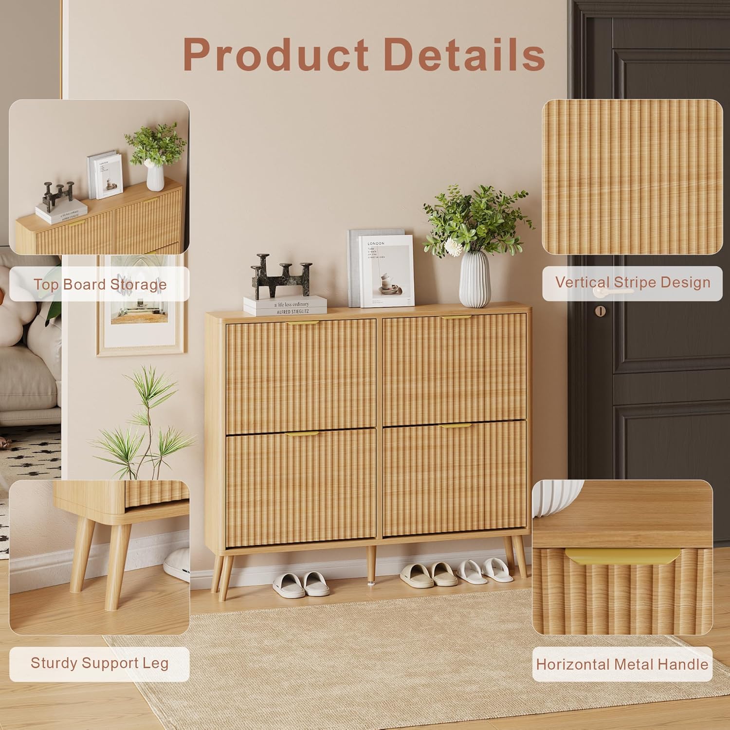 Narrow Shoe Storage Cabinet, Freestanding Shoe Cabinet Organizer for Entryway, Hallway (Oak, 4 Flip) - Image 6