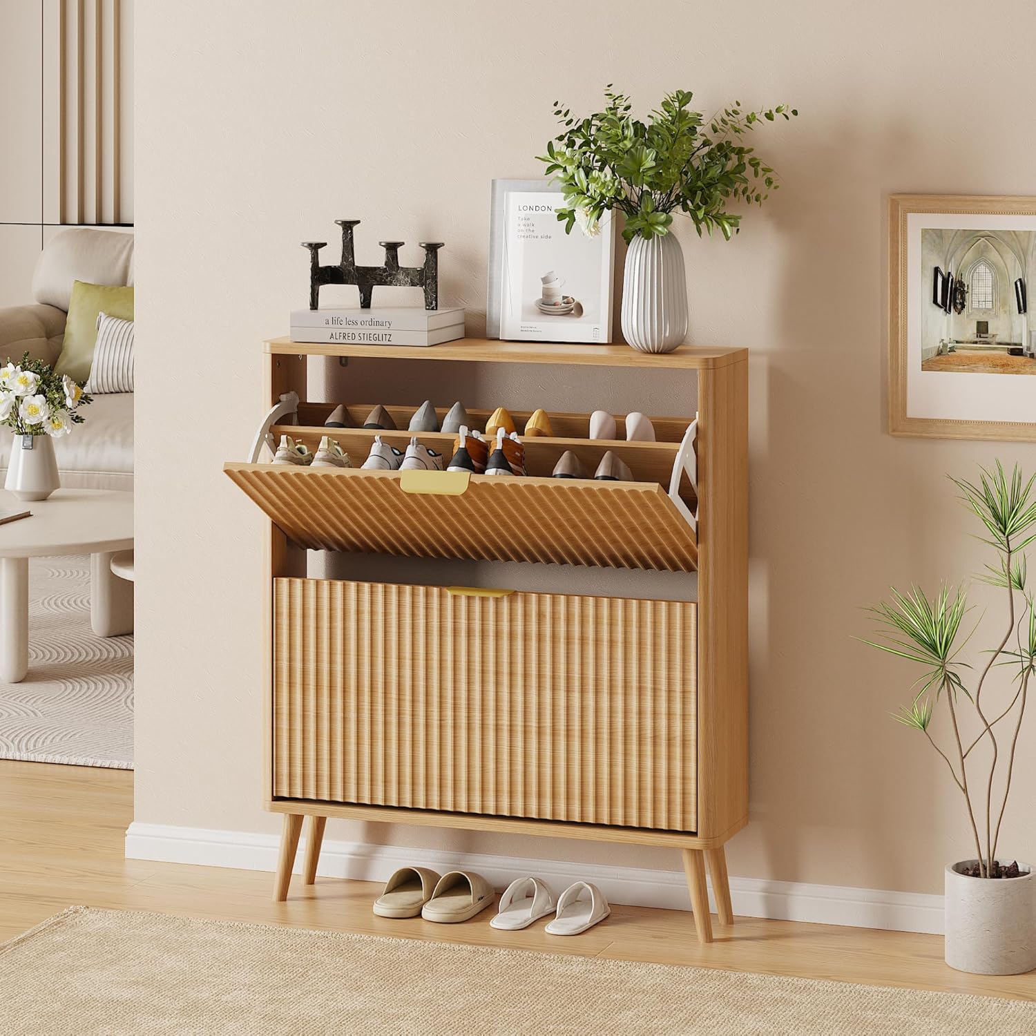 Narrow Shoe Storage Cabinet, Freestanding Shoe Cabinet Organizer for Entryway, Hallway (Oak, 2 Flip) - Image 3