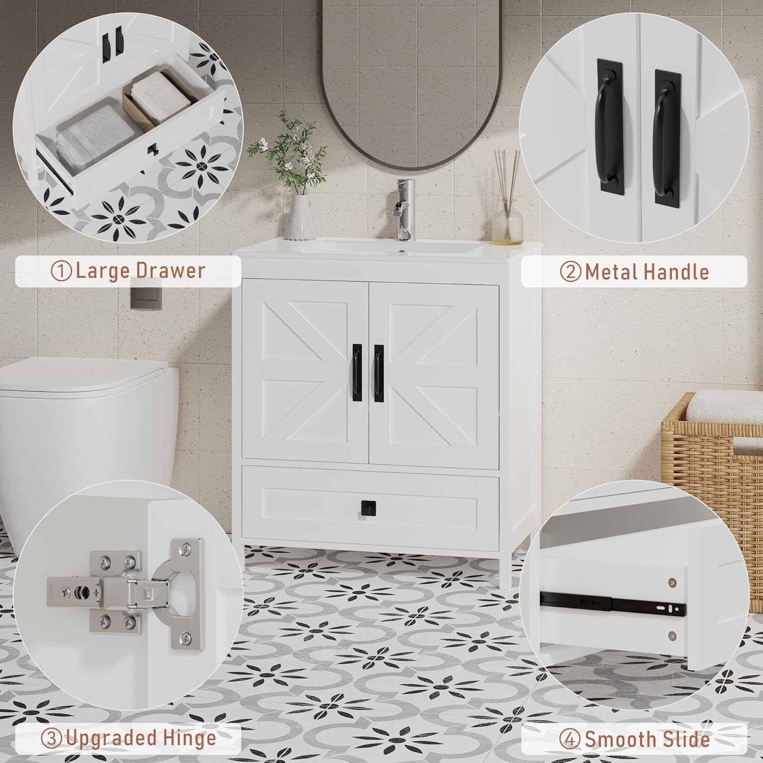 Bathroom Vanity with Ceramic Sink (30 Inch, Cabinet ONLY, White) - Image 6