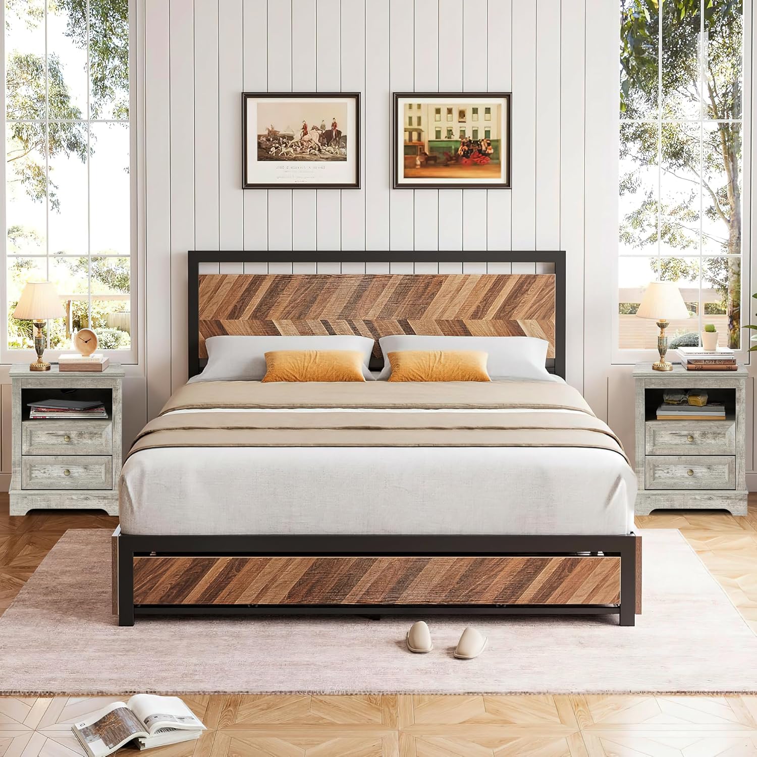 Farmhouse Night Stand with 2 Drawers with Charge - Set of 2 -Grey - Image 4