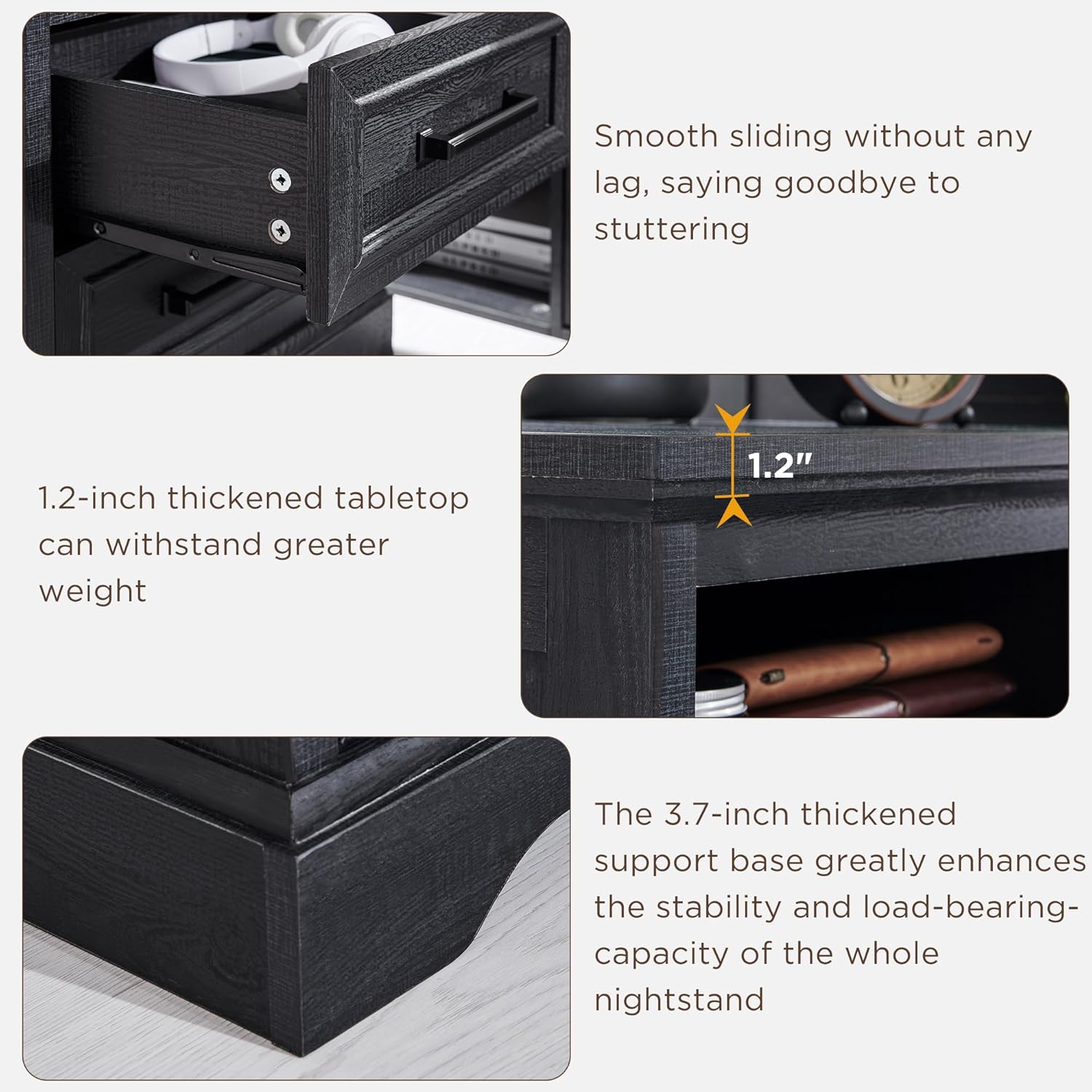 2 DRAWERS Nightstand with Charging Station - Black - Image 4